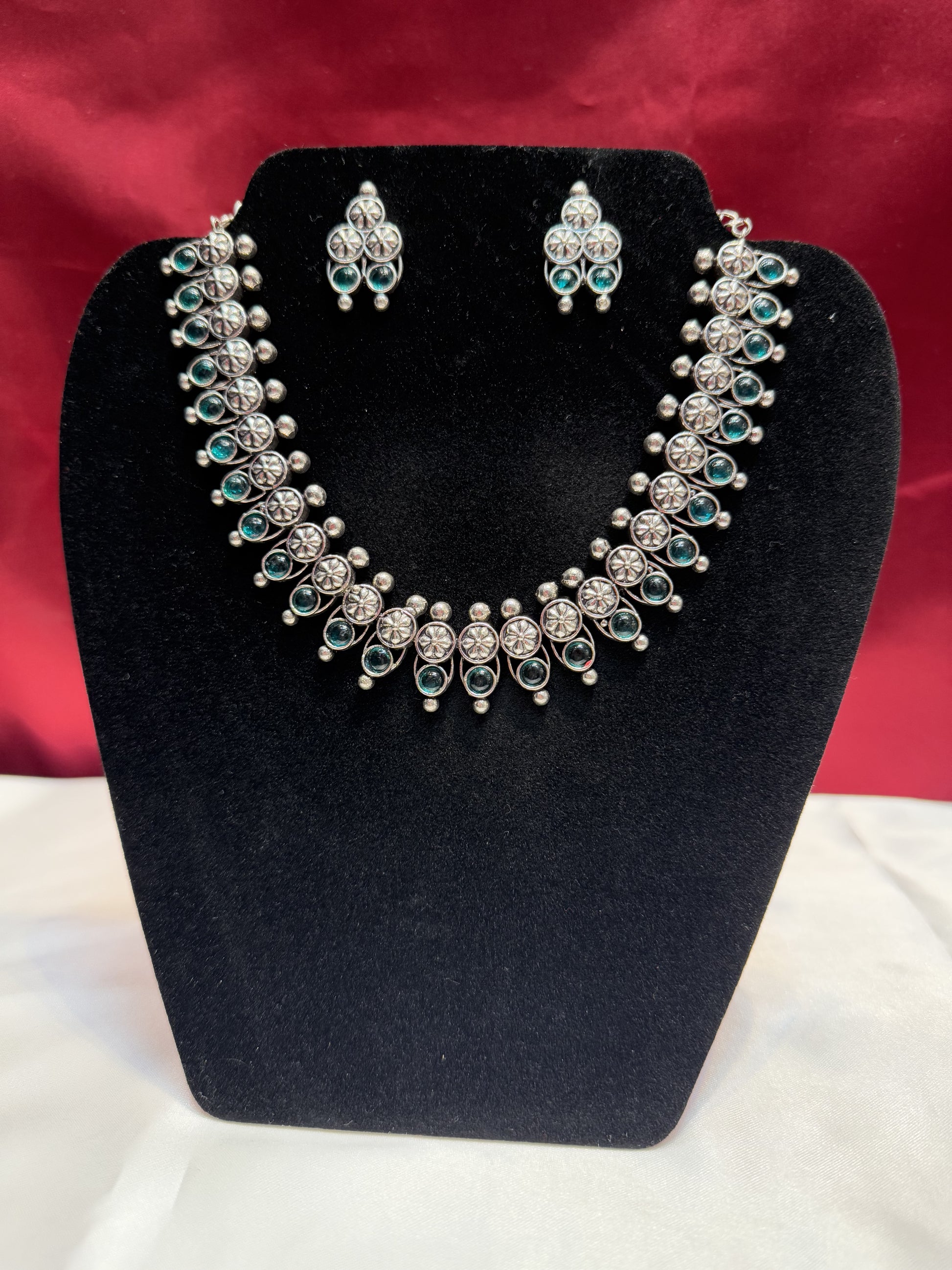 Appealing Oxidized German Silver Green Color Necklace With Earrings