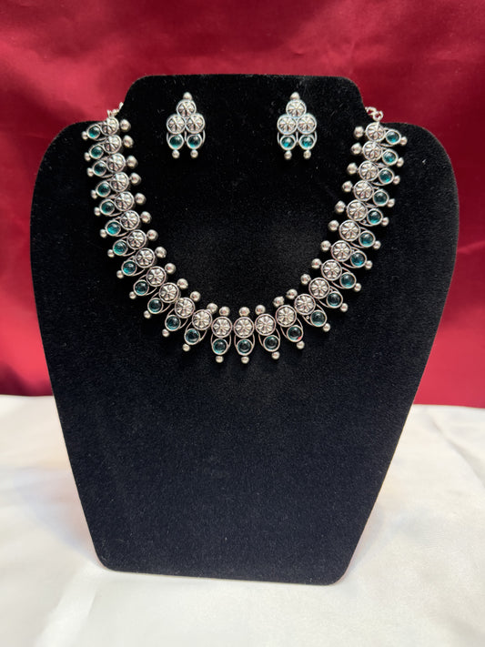 Appealing Oxidized German Silver Green Color Necklace With Earrings