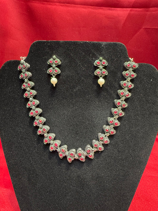 Appealing Oxidized Maroon Color Necklace With Pearls Drop Earrings For Women