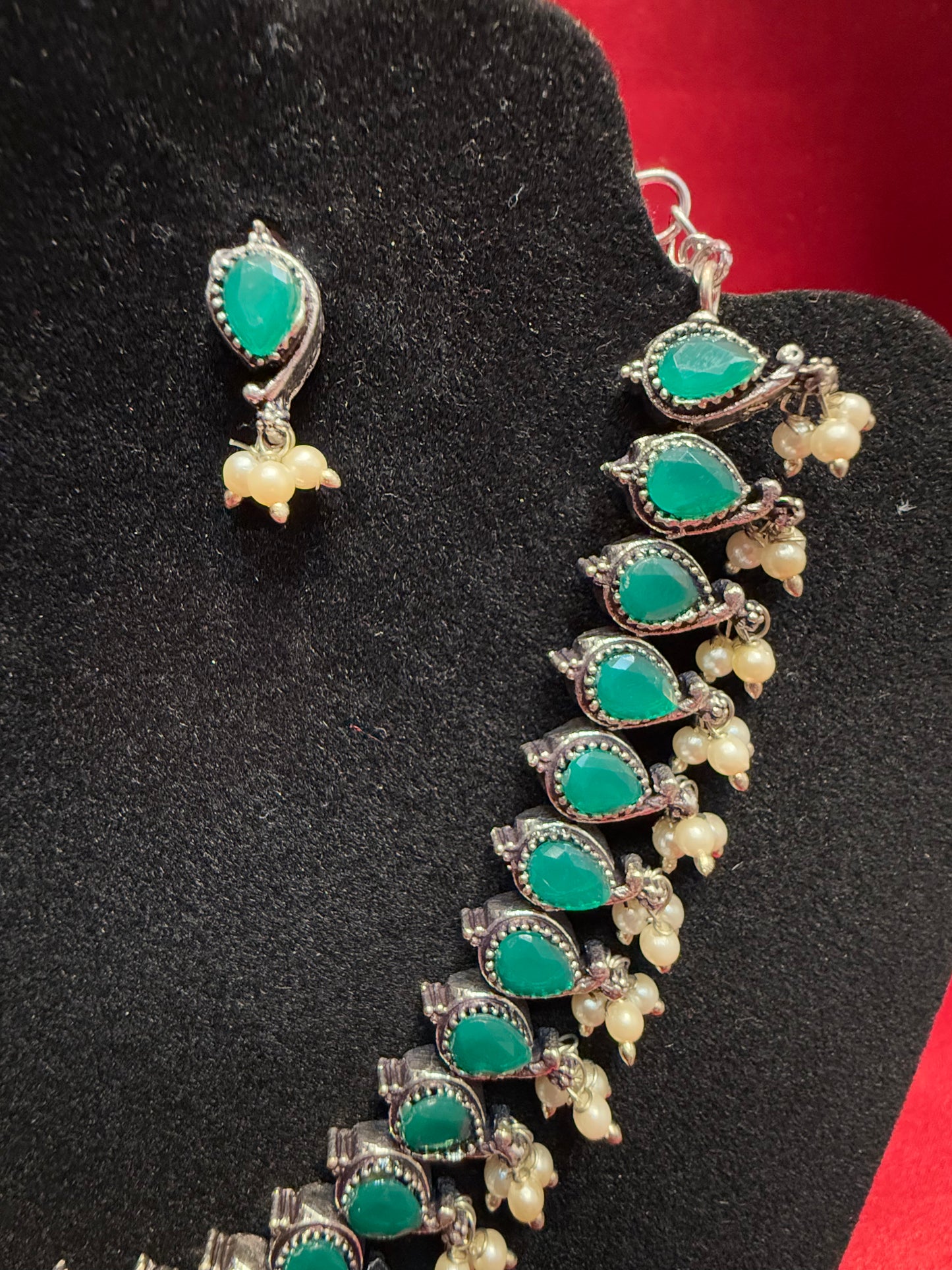 Green Stoned Oxidized Necklace With Earrings Set Near Me