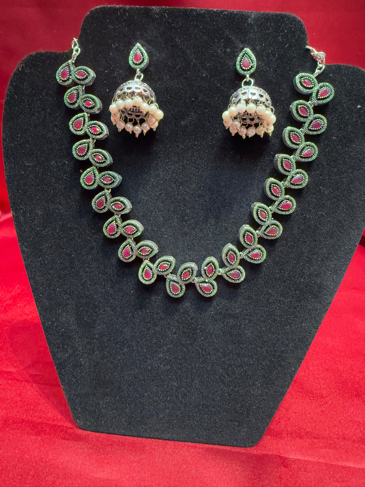 Red Pearl Beaded Necklace With Jhumka In USA