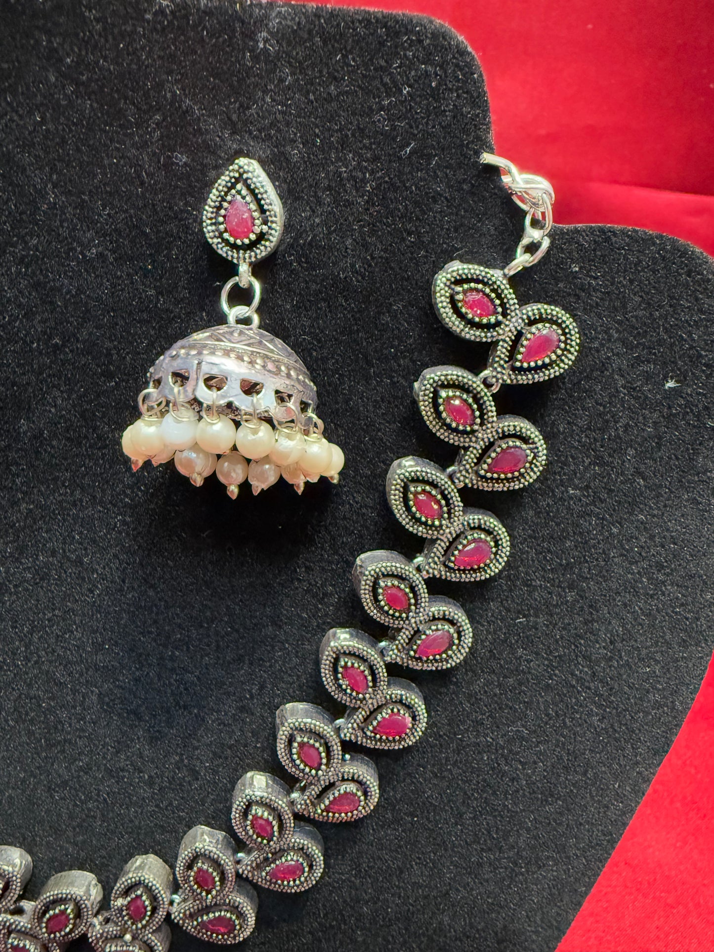 Red Pearl Beaded Necklace With Jhumka Near Me
