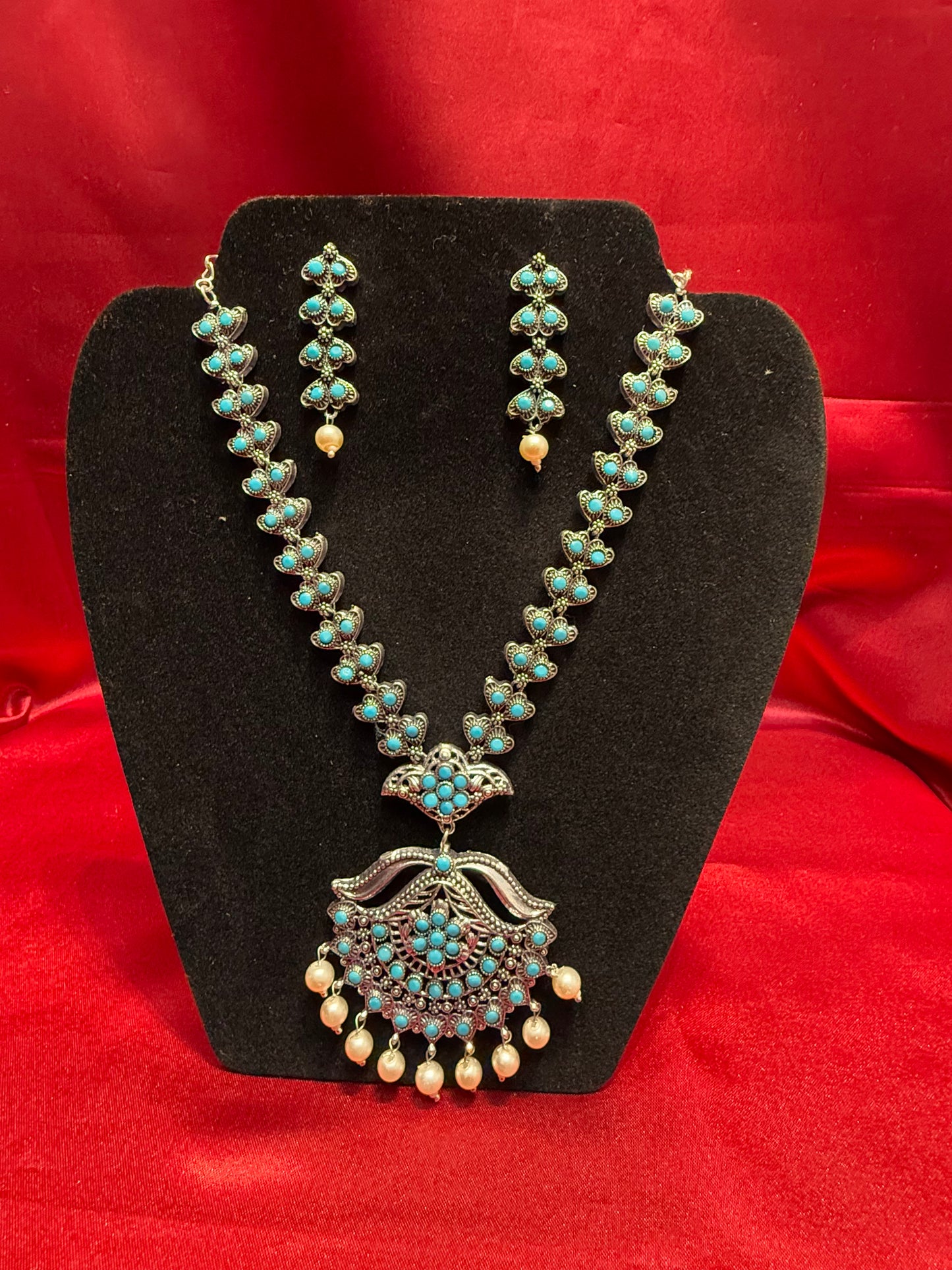 Oxidized Pearl Beaded Necklace With Earrings in USA
