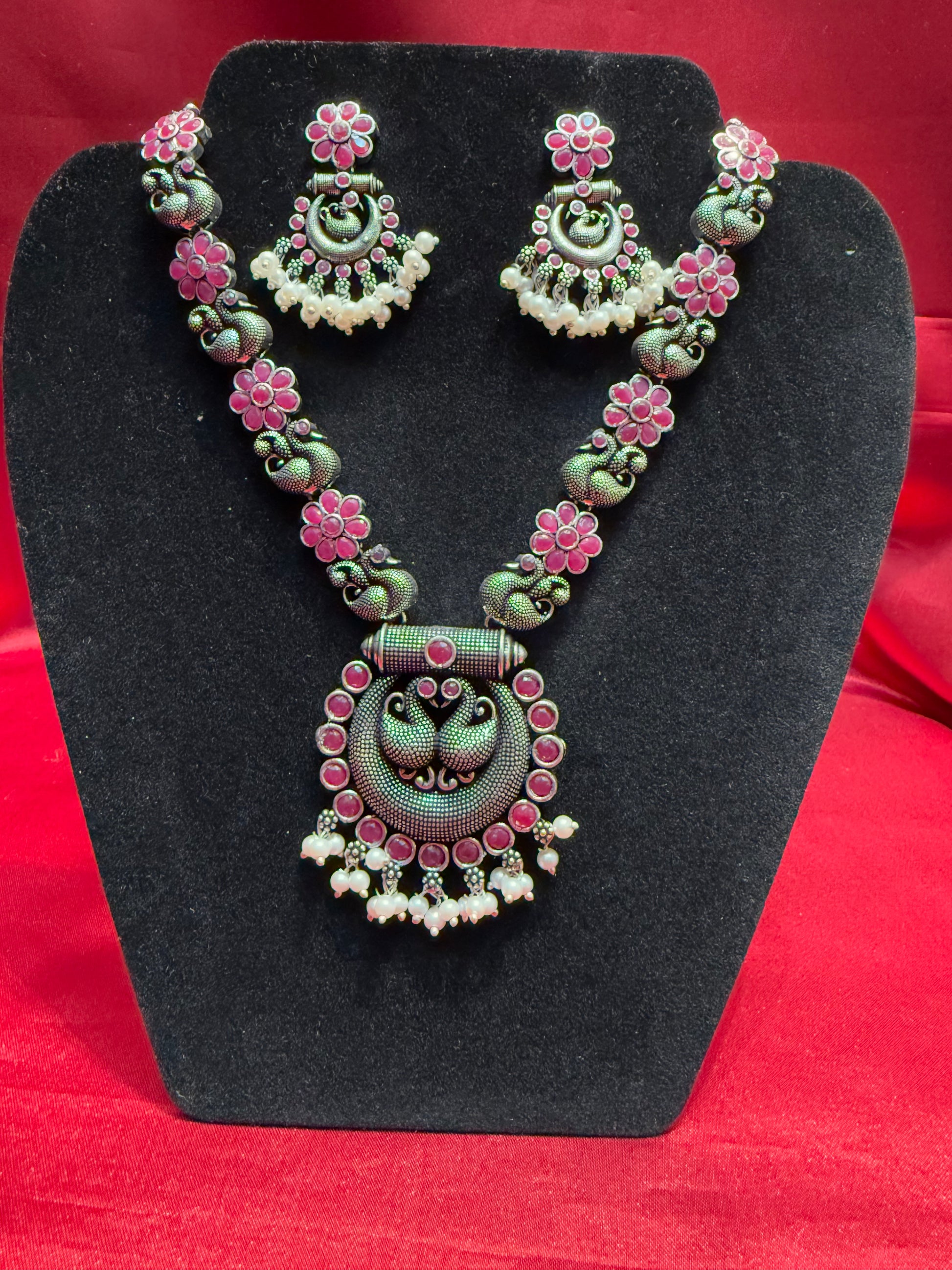 Mesmerizing Pink Color Peacock Design Oxidized Necklace With Earrings Set