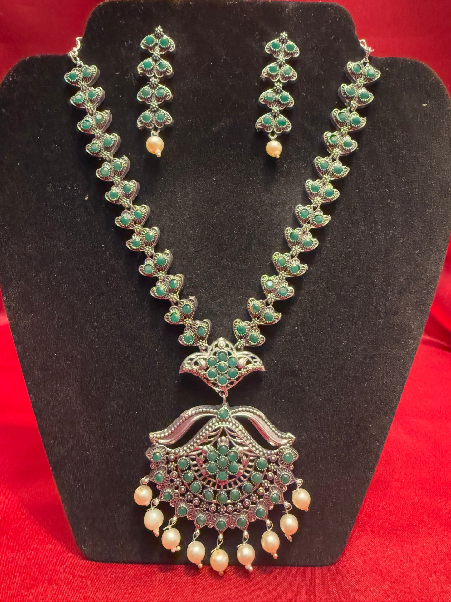 Alluring Green Color Oxidized Pearl Beaded Necklace With Earrings Set