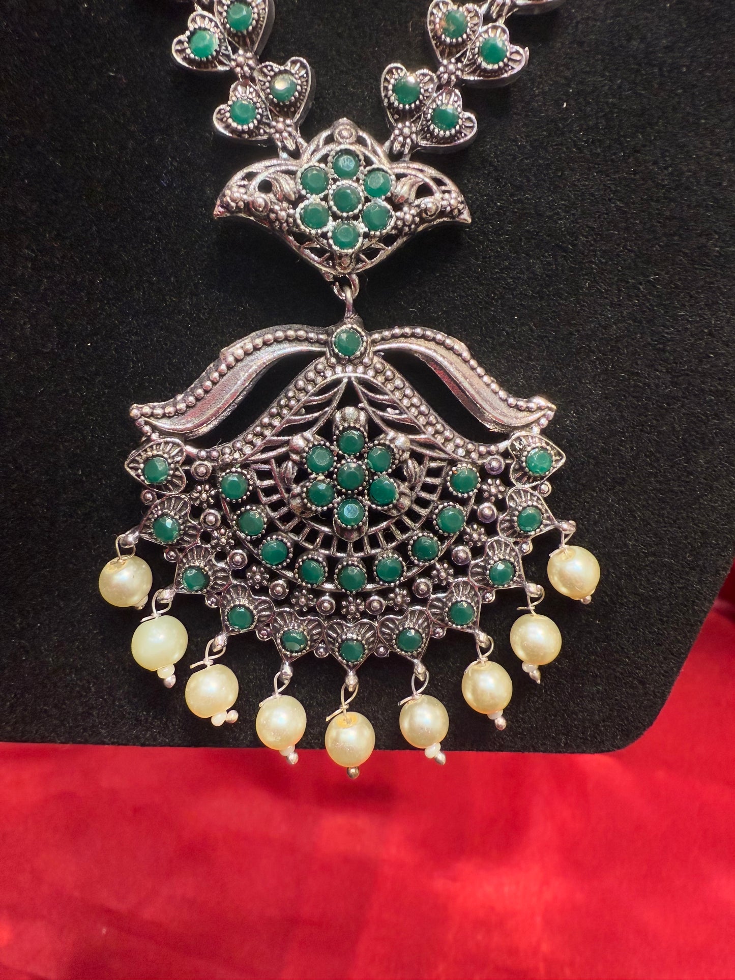 Green Color Oxidized Pearl Beaded Necklace Near Me