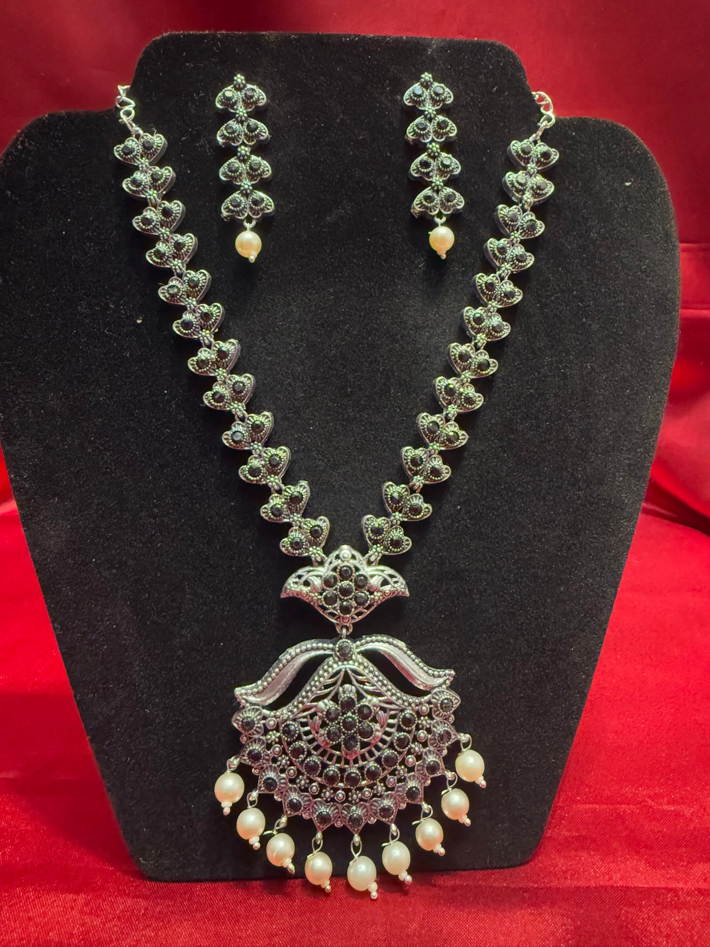 Pretty Black Color Oxidized Pearl Beaded Necklace With Earrings Set