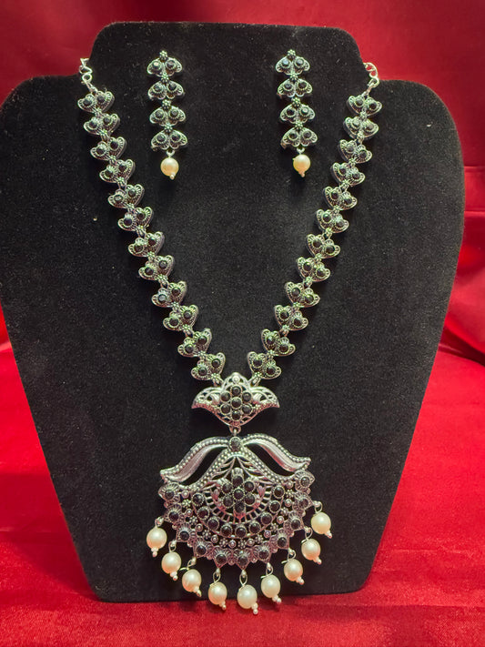 Pretty Black Color Oxidized Pearl Beaded Necklace With Earrings Set