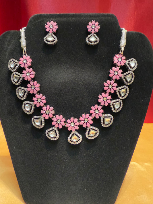 Alluring Pink Color Stone Flowers Design Necklace With Earrings Sets