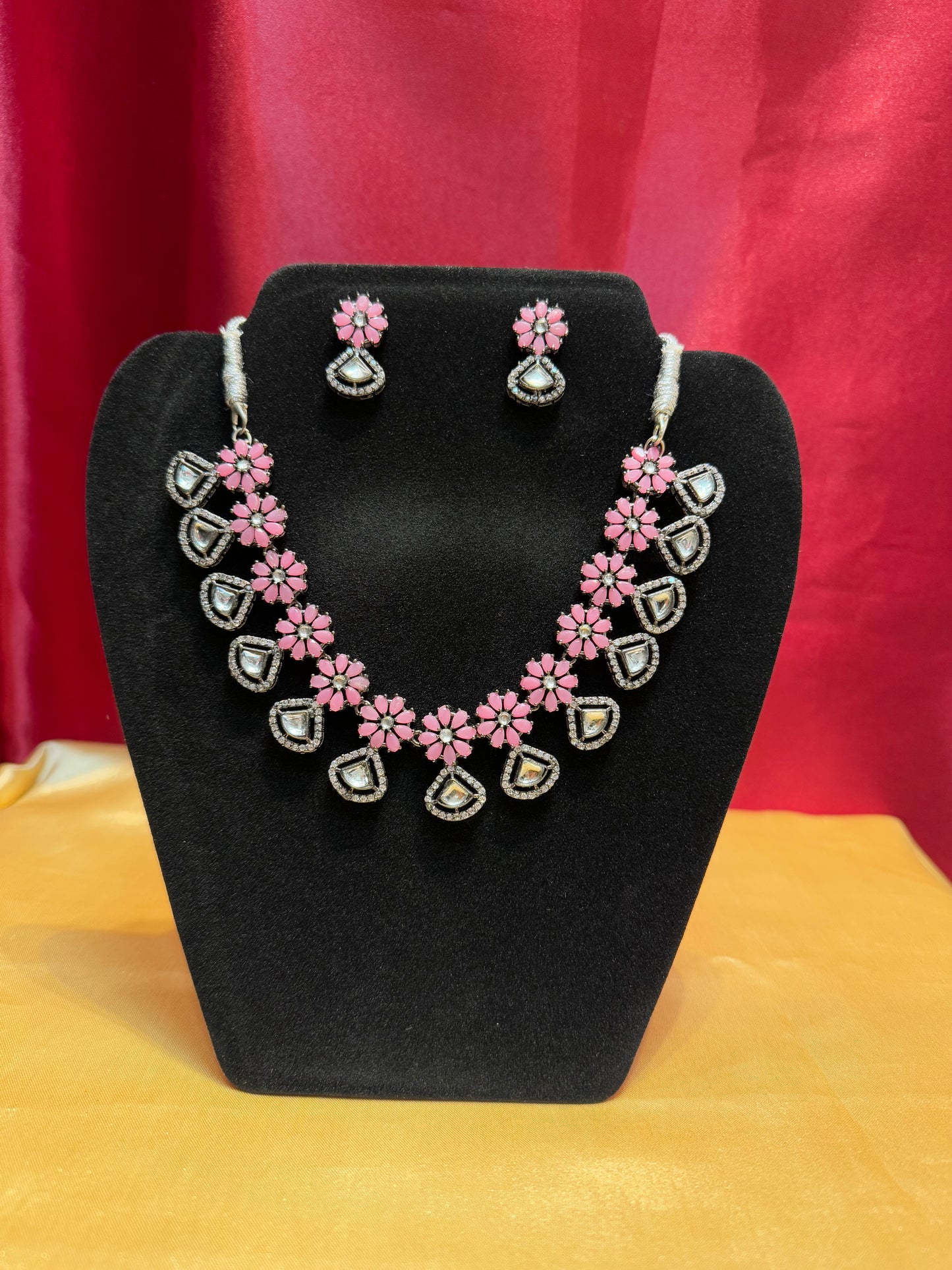Alluring Pink Color Stone Flowers Design Necklace With Earrings Sets