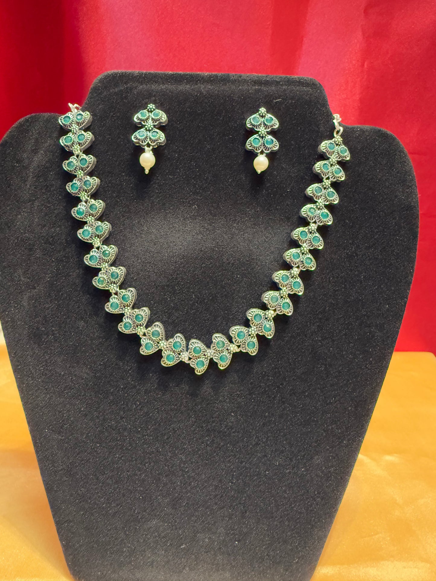 Green Color Oxidized Necklace With Pearl Beaded Earrings In USA