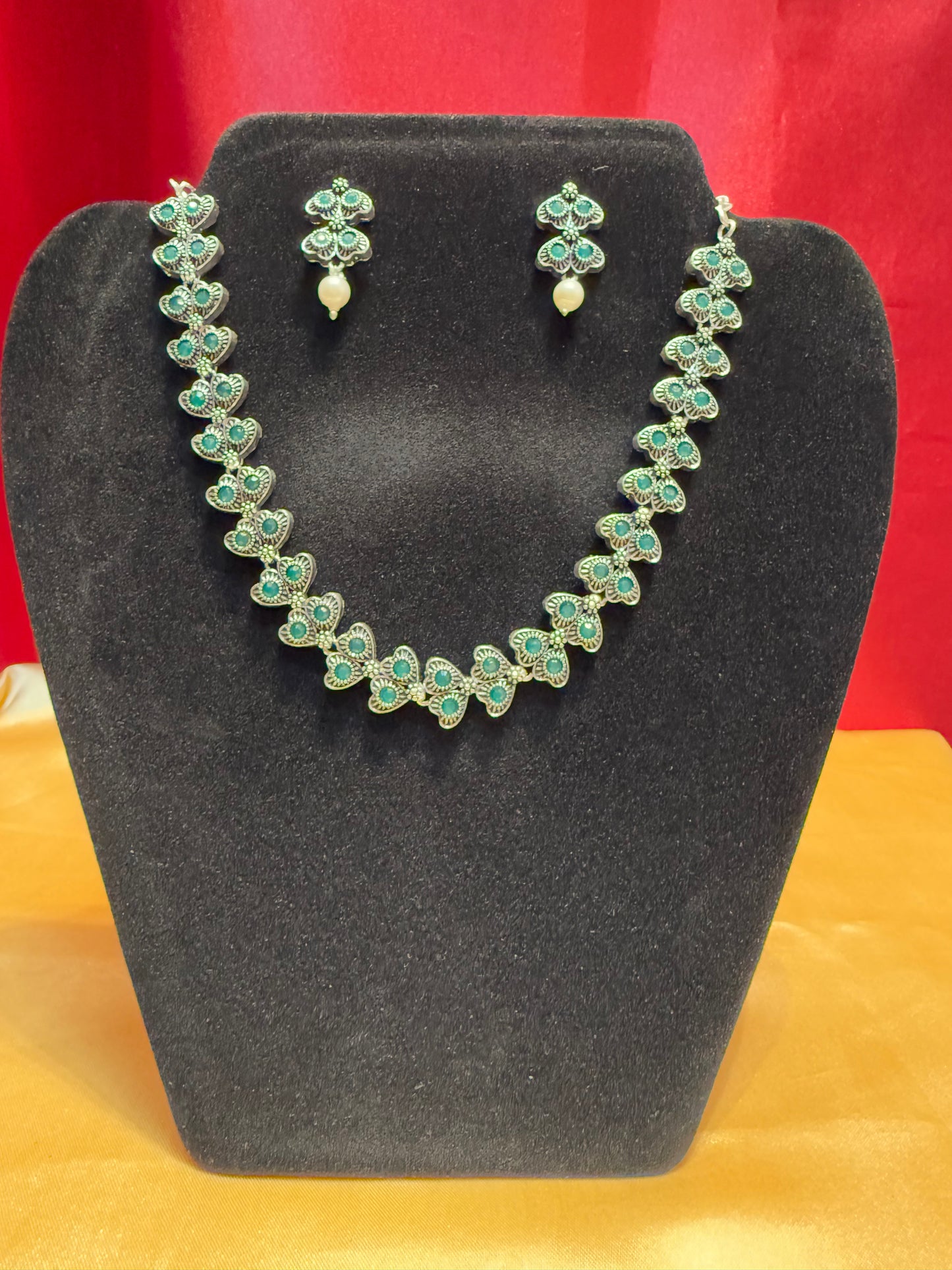 New Trendy Green Color Oxidized Necklace With Pearl Beaded Earrings