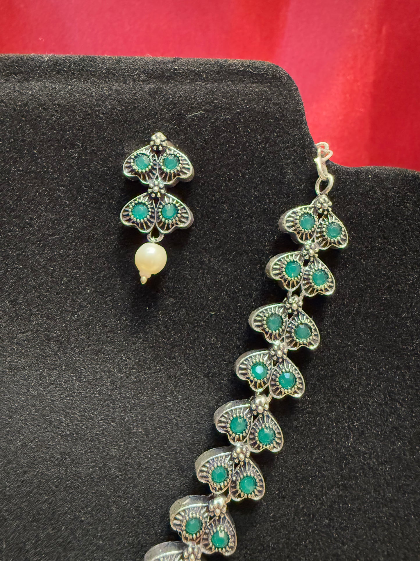 New Trendy Green Color Oxidized Necklace With Pearl Beaded Earrings