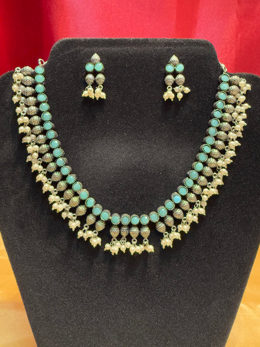 New Trendy Sky Blue Color Oxidized Pearls Beaded Necklace With Earrings