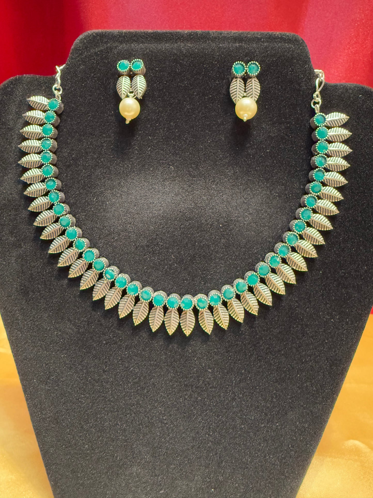 Green Color Oxidized Necklace With Pearl Drop Earrings Near Me