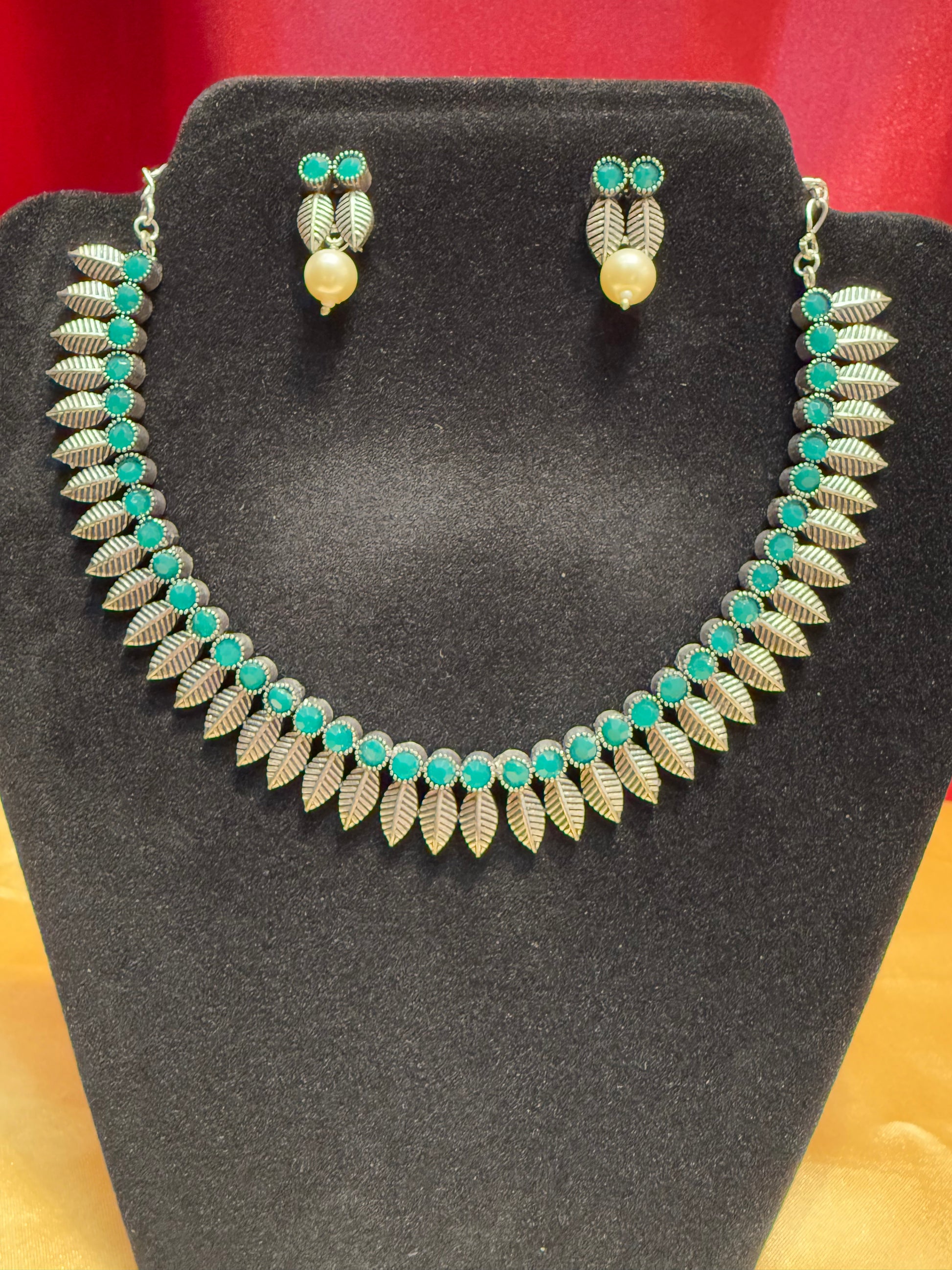 Green Color Oxidized Necklace With Pearl Drop Earrings Near Me