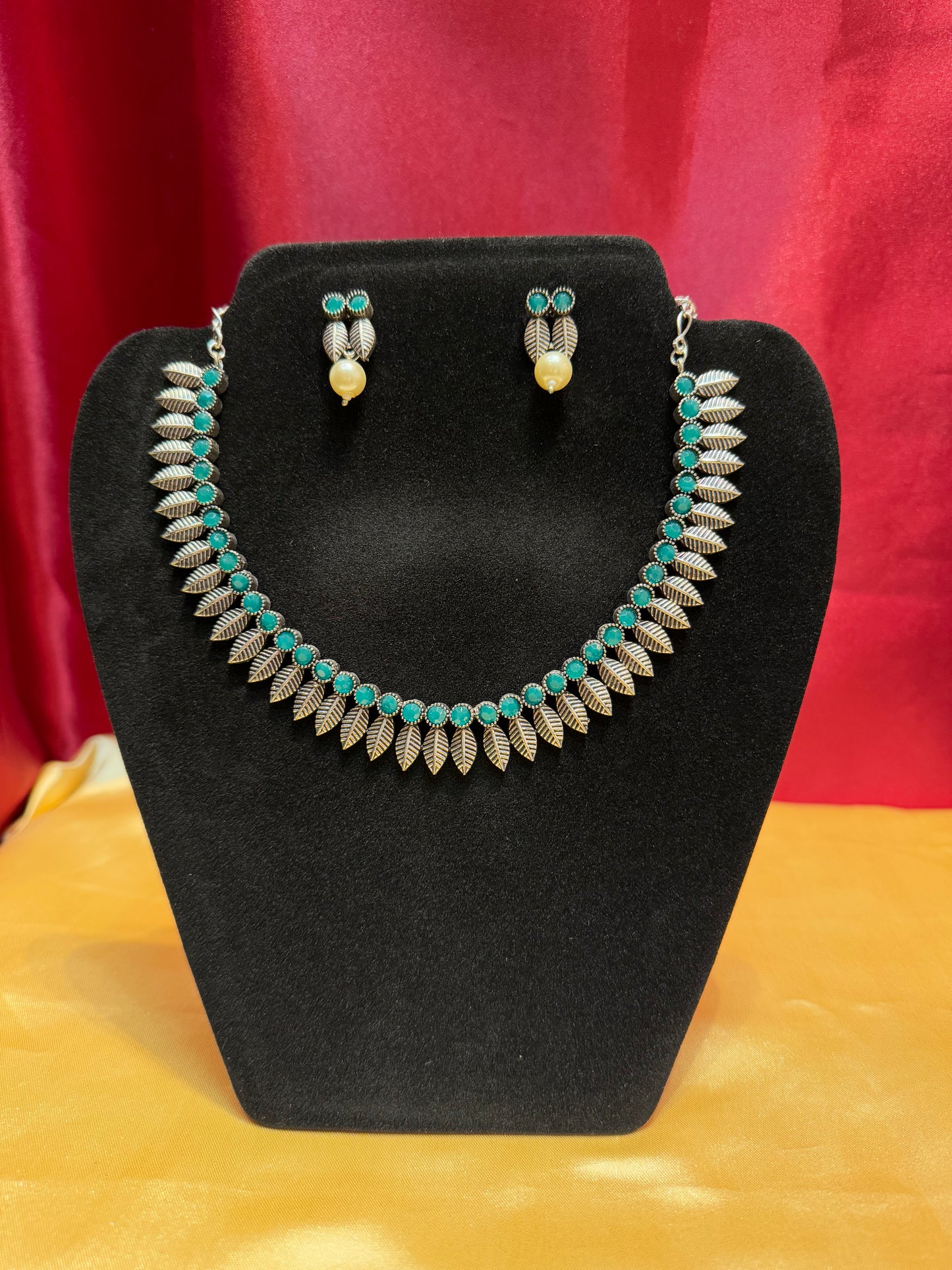 New Trendy Alluring Green Color Oxidized Necklace With Pearl Drop Earrings