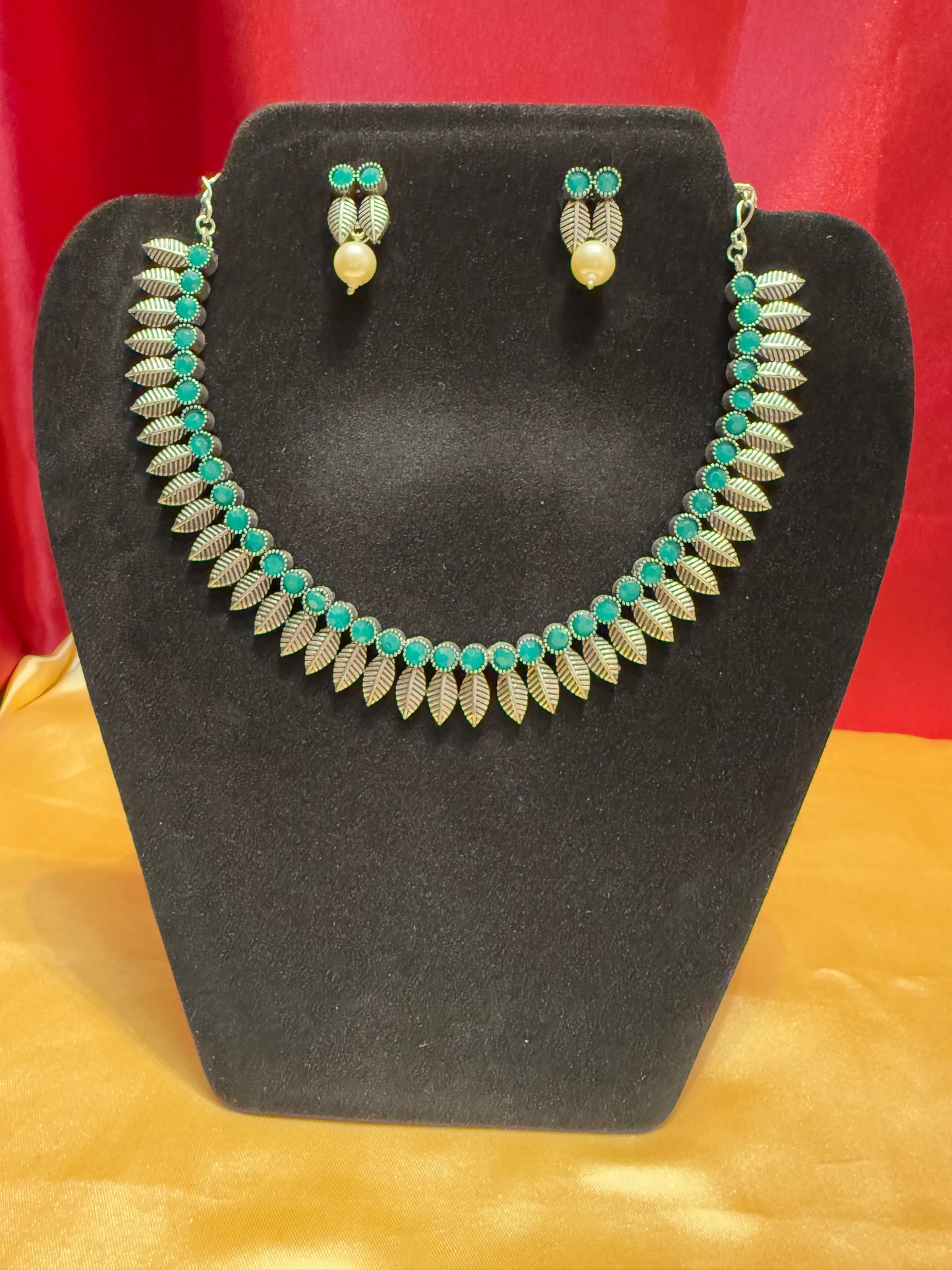 New Trendy Alluring Green Color Oxidized Necklace With Pearl Drop Earrings