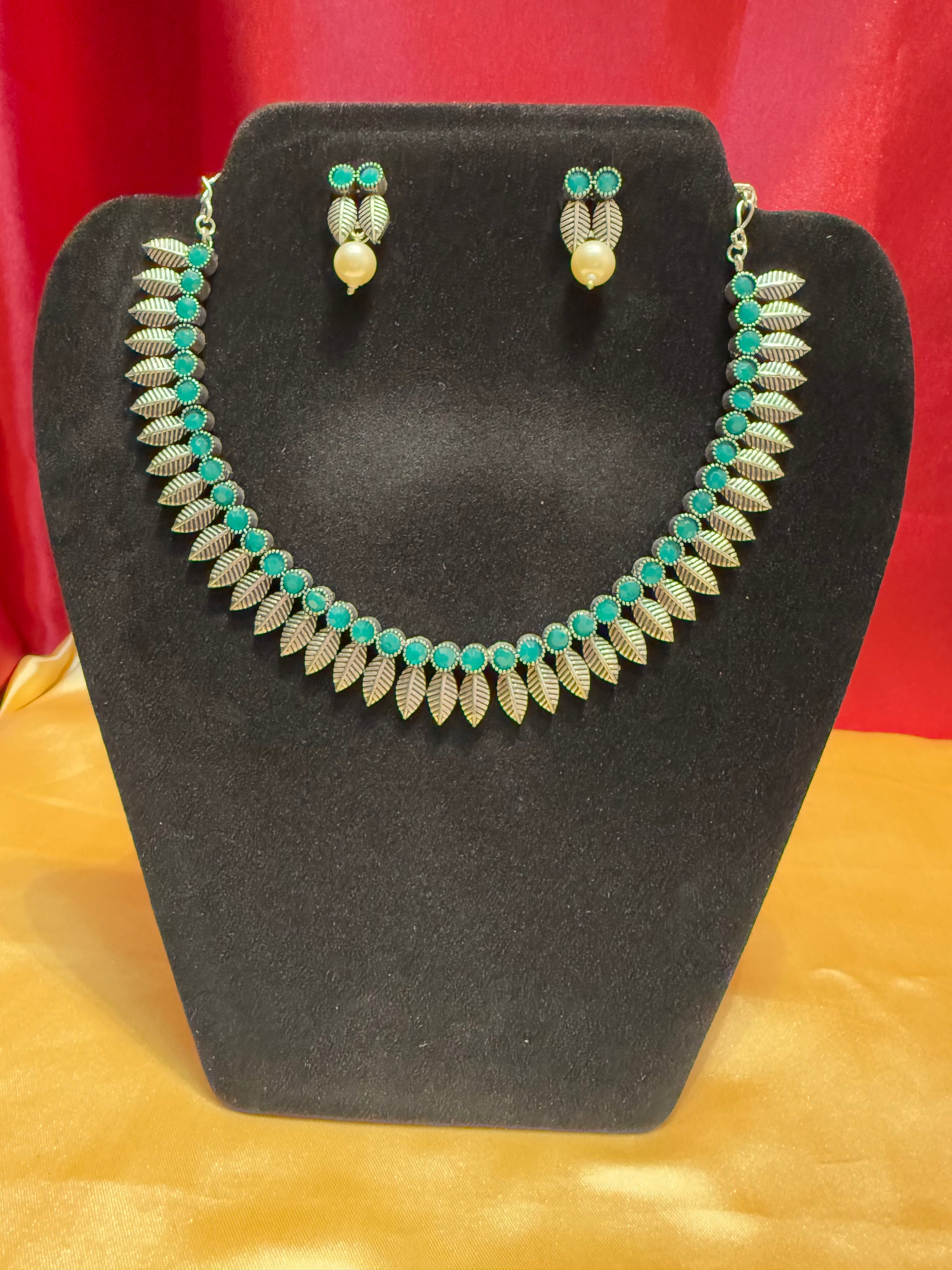 New Trendy Alluring Green Color Oxidized Necklace With Pearl Drop Earrings