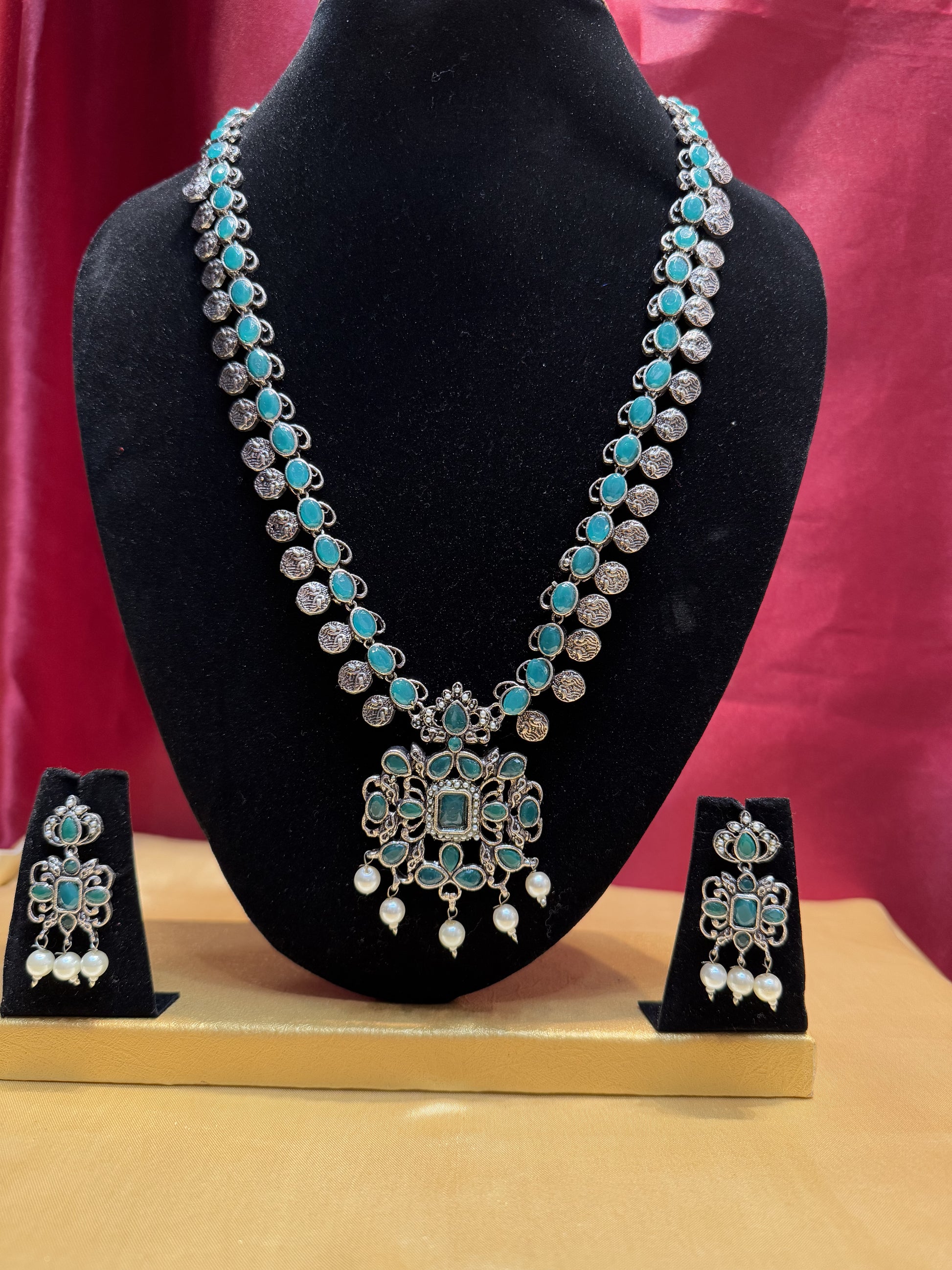 Green Colored Oxidized Long Necklace With Earrings Set In Yuma