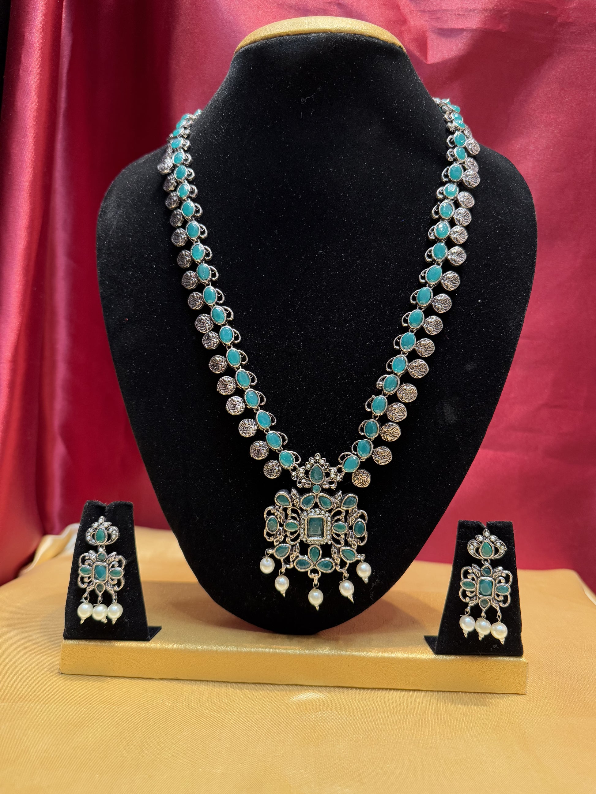 Green Colored Oxidized Long Necklace With Earrings Set Near Me