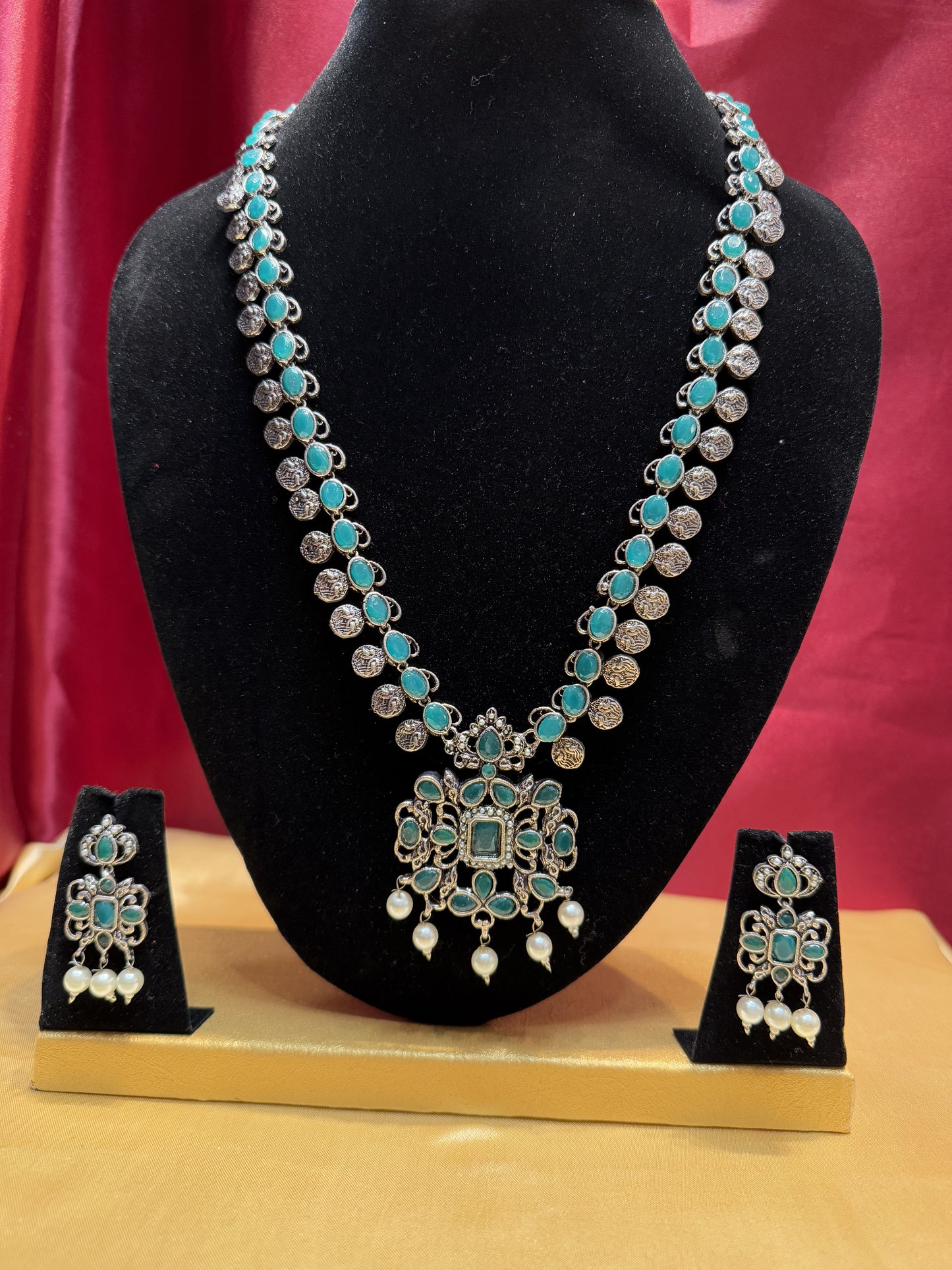 Charming Green Colored Oxidized Long Necklace With Earrings Set