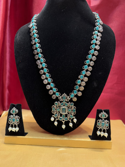 Charming Green Colored Oxidized Long Necklace With Earrings Set