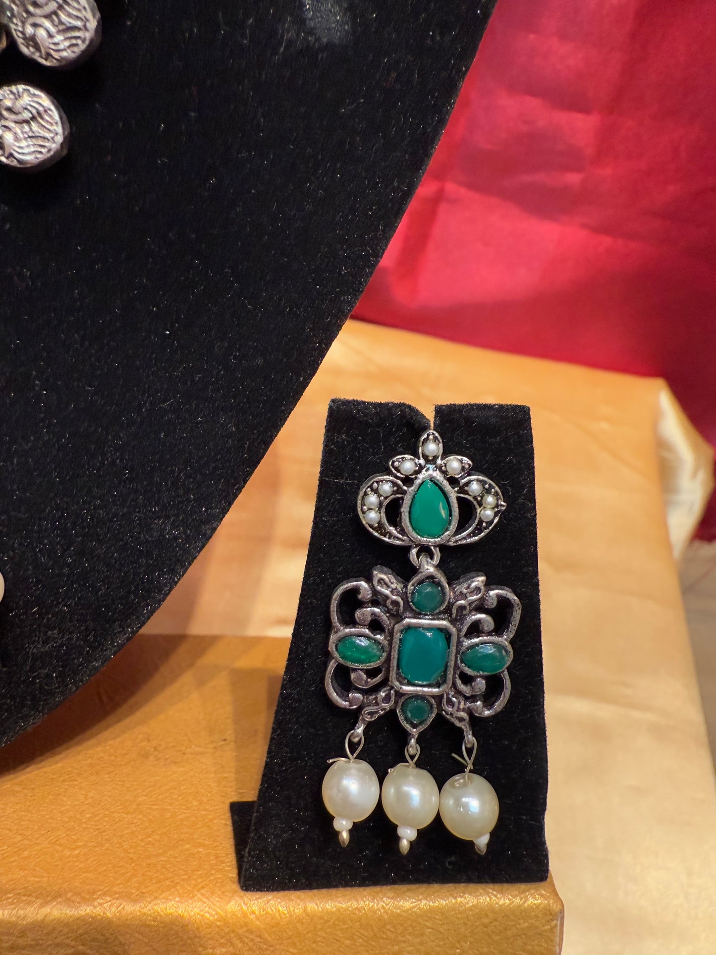 Green Colored Oxidized Long Necklace With Earrings Set In Mesa