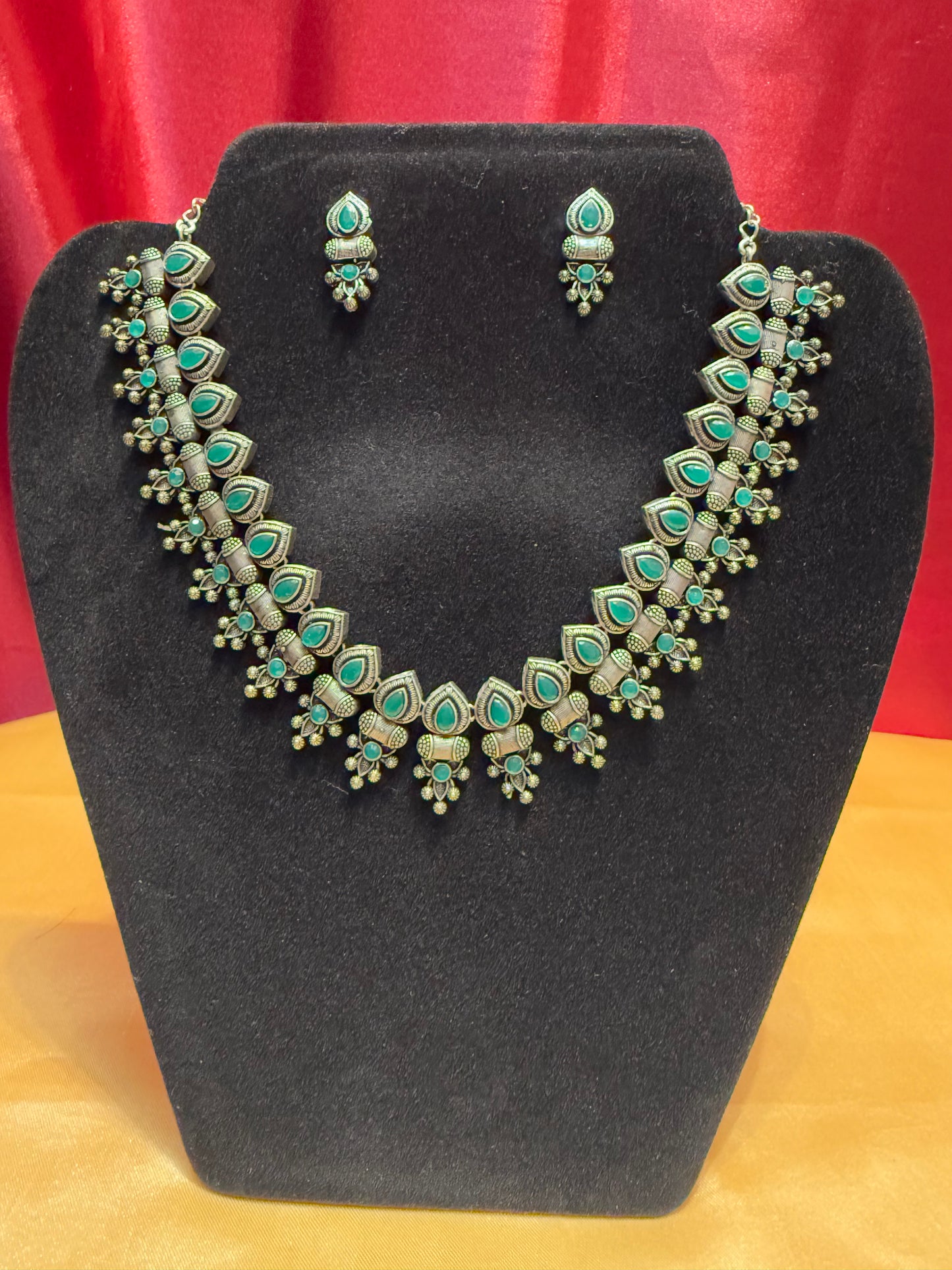 Green Stoned Oxidized Necklace With Earring Set In USA