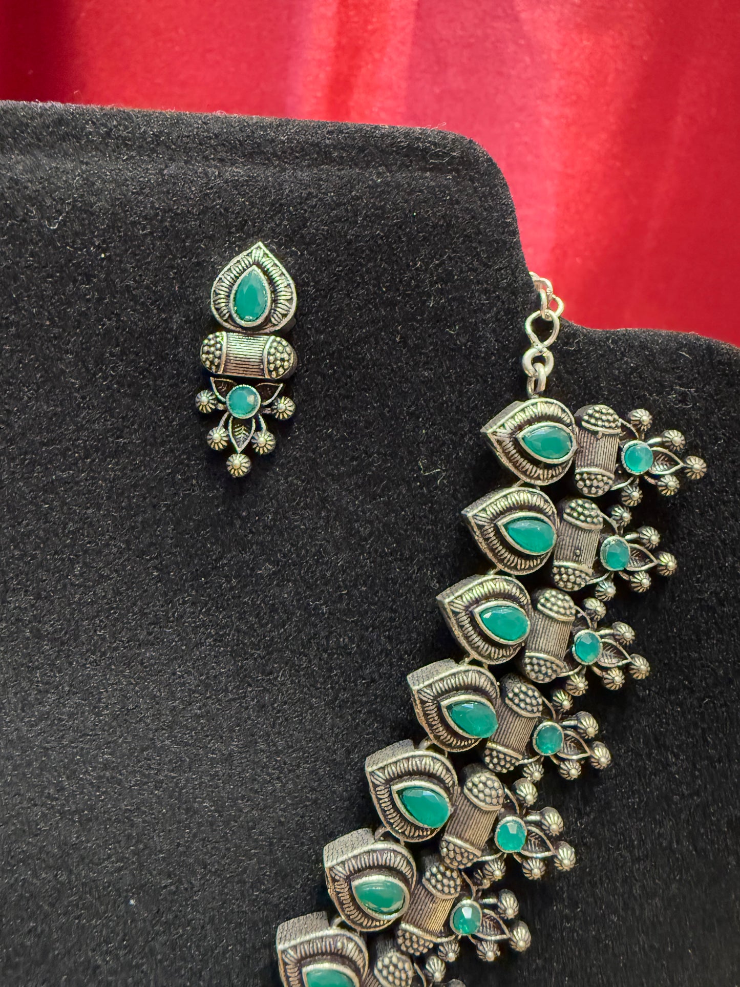Green Stoned Oxidized Necklace With Earring Set Near Me