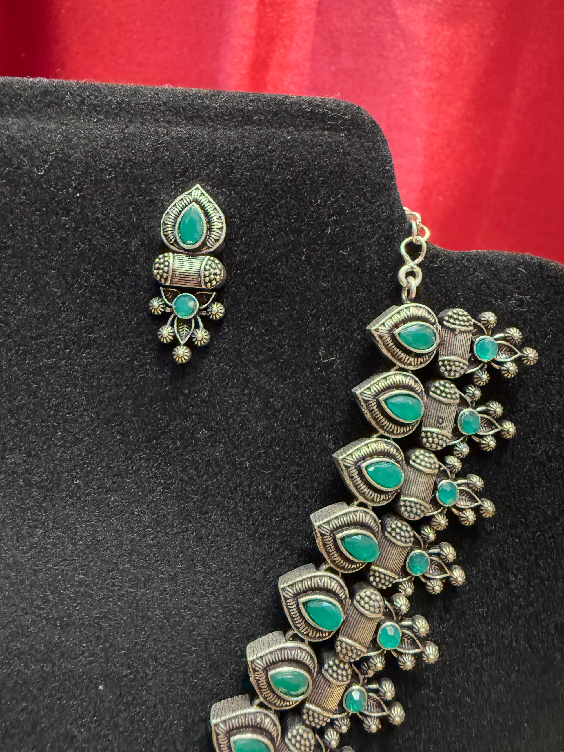 Green Stoned Oxidized Necklace With Earring Set Near Me