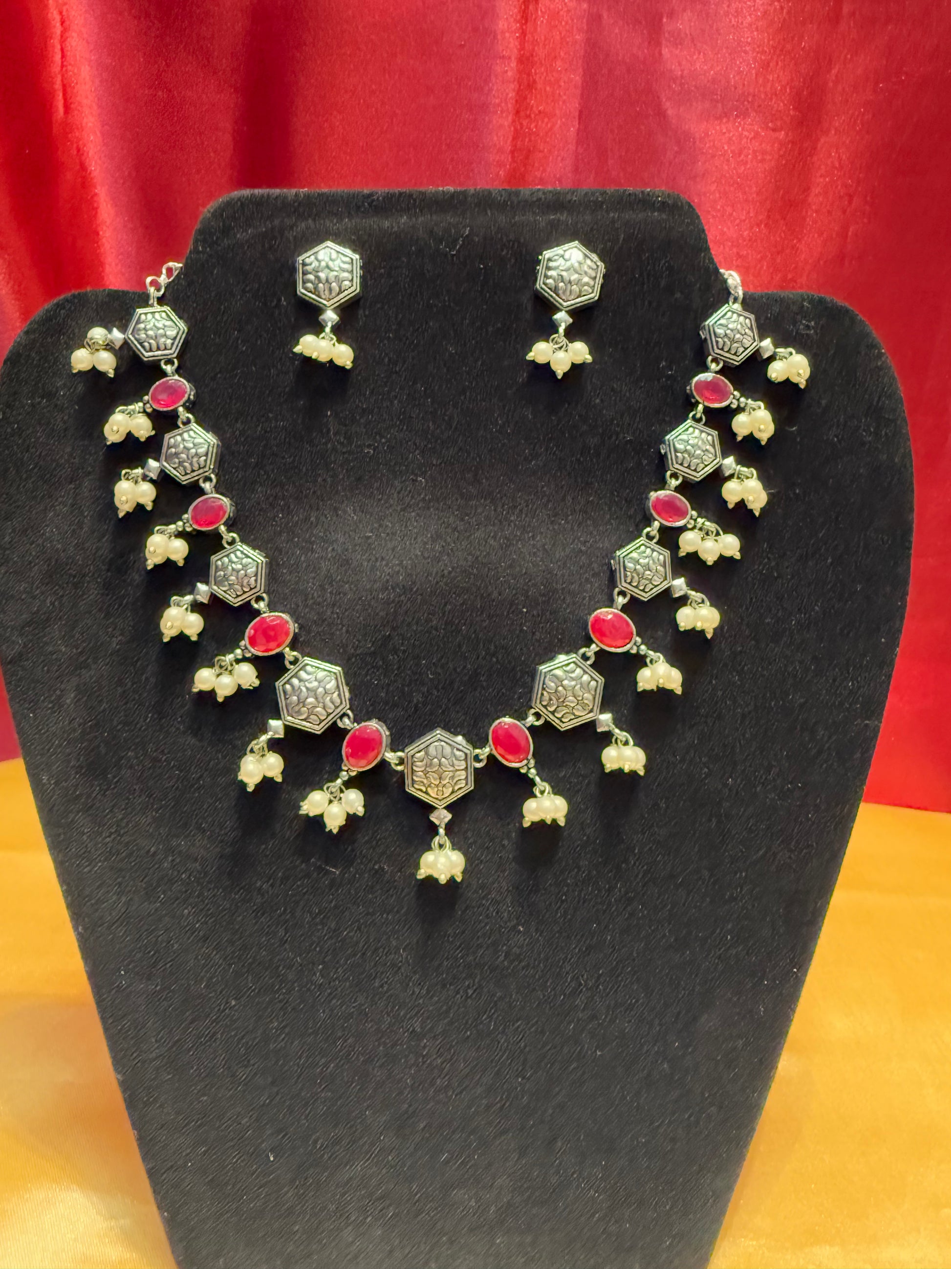 Magenta Stone Oxidized Pearl Beads Necklace With Earring Set Near Me