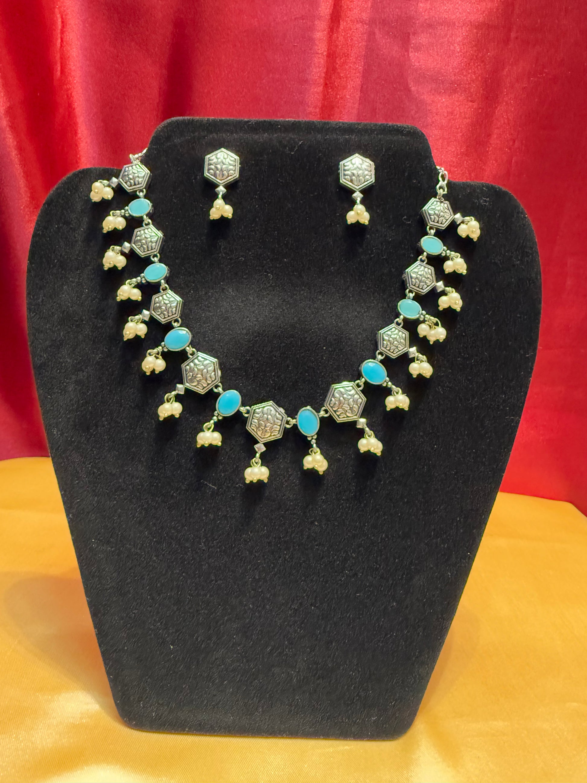 Blue Stone Oxidized Bead Necklace With Earring In Douglas