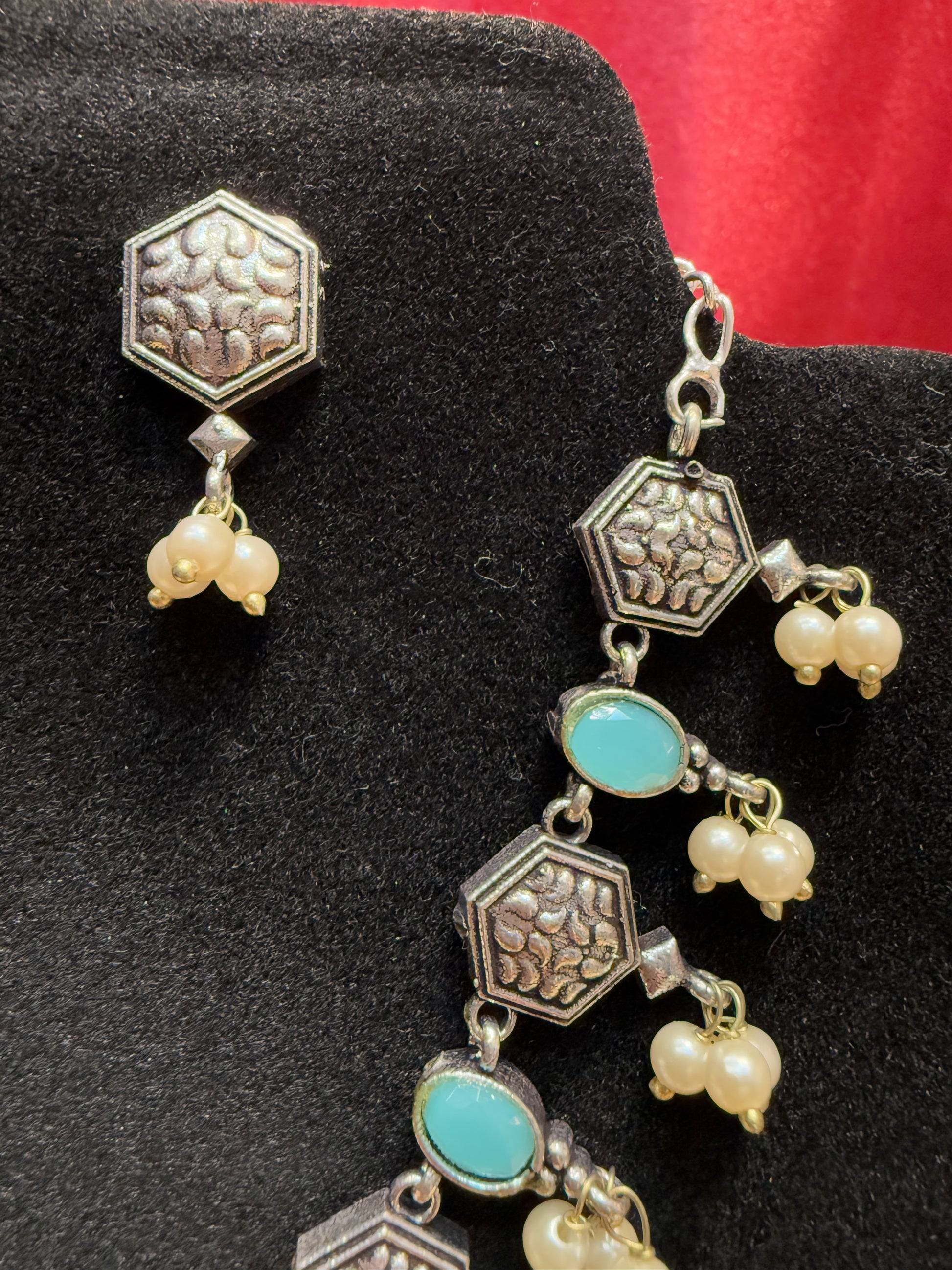 Sky Blue Stone Oxidized Pearl Bead Necklace With Earring In USA
