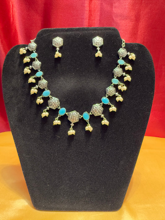 Appealing Sky Blue Stone Oxidized Pearl Bead Necklace With Earring Set