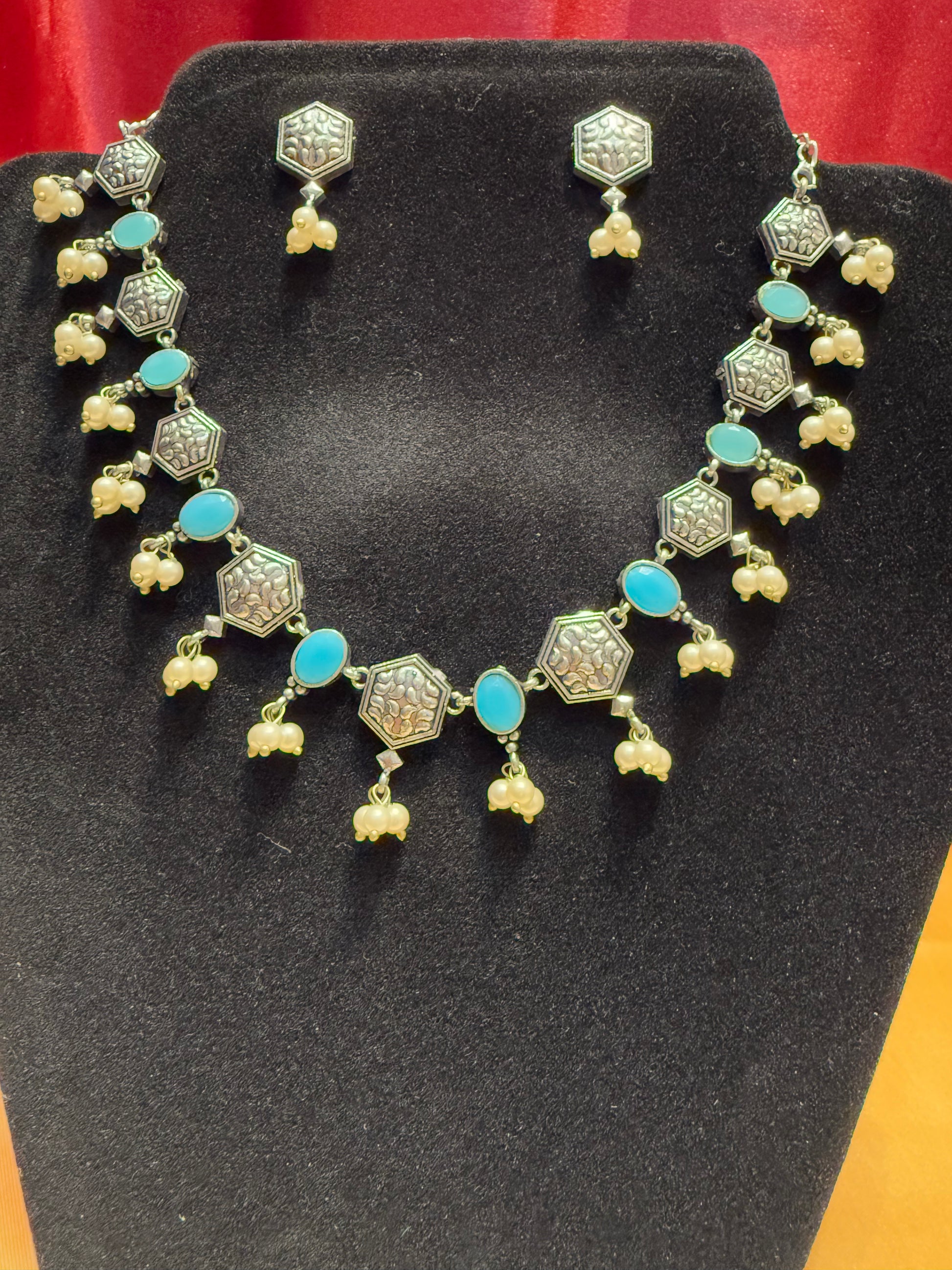 Sky Blue Stone Oxidized Pearl Bead Necklace With Earring Set Near Me