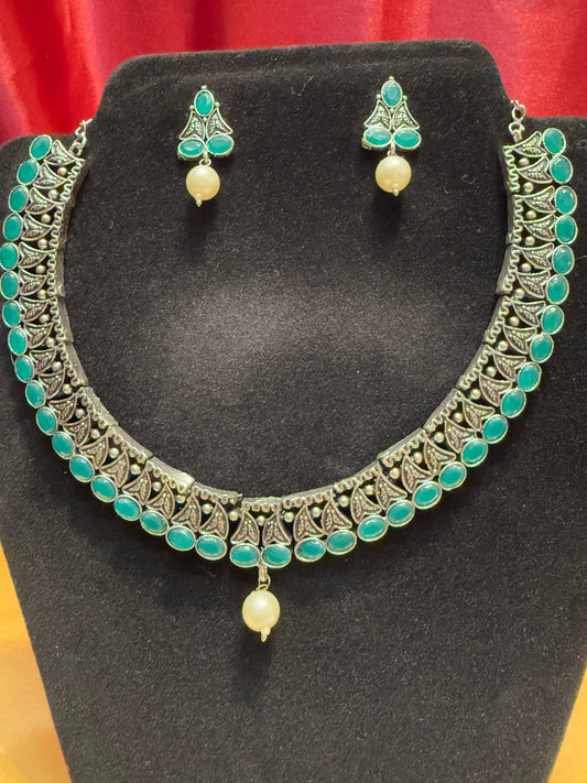 Fabulous Oxidized Silver Green Color Pearl Hanging Necklace With Earring Set