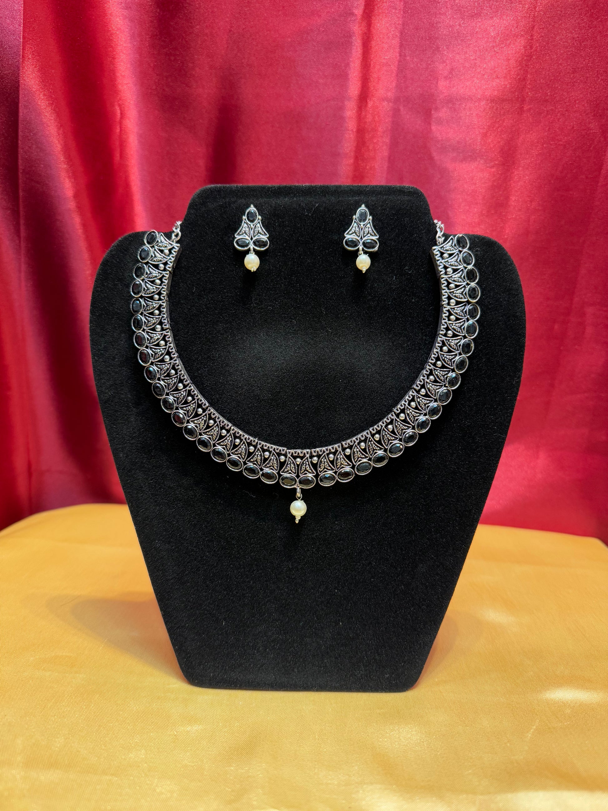 Fabulous Oxidized Black Color Pearl Hanging Necklace With Earring Set