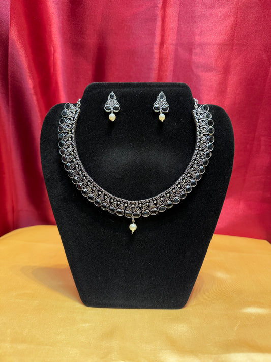 Fabulous Oxidized Black Color Pearl Hanging Necklace With Earring Set