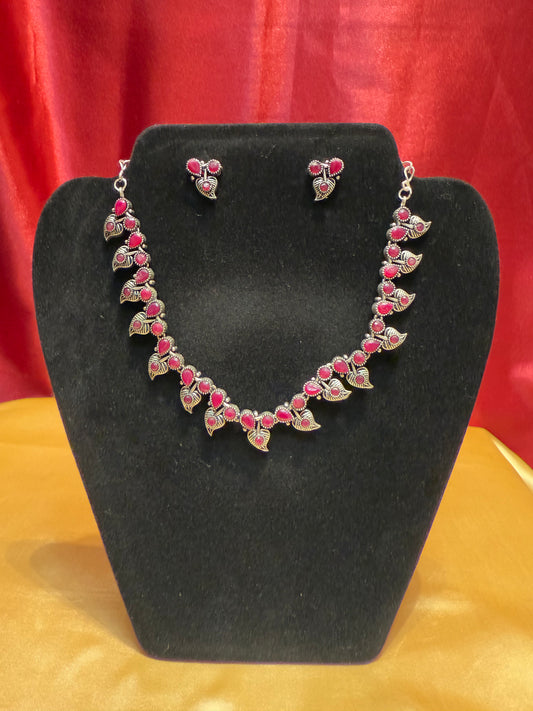 Graceful Pink Color Stone Leaf Design Oxidized Necklace With Earring Set
