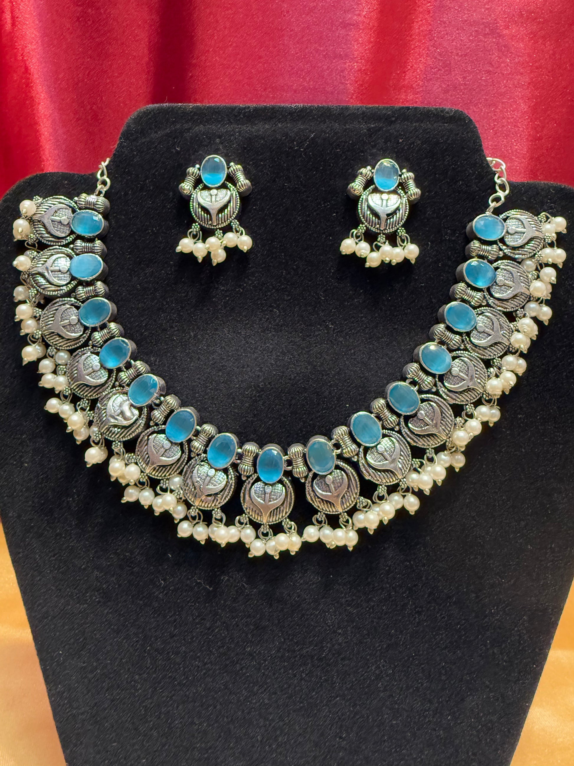 Appealing Light Blue Stoned Oxidized Pearl Beaded Necklace With Earring Set