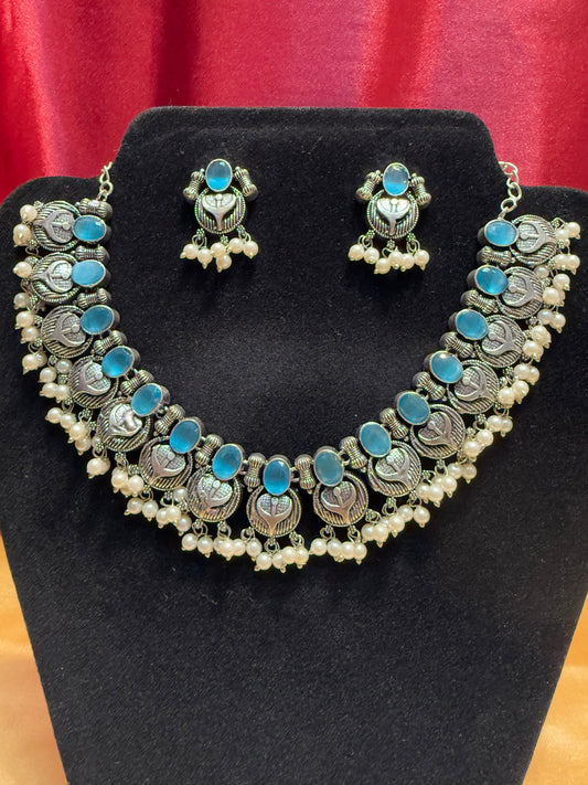Appealing Light Blue Stoned Oxidized Pearl Beaded Necklace With Earring Set