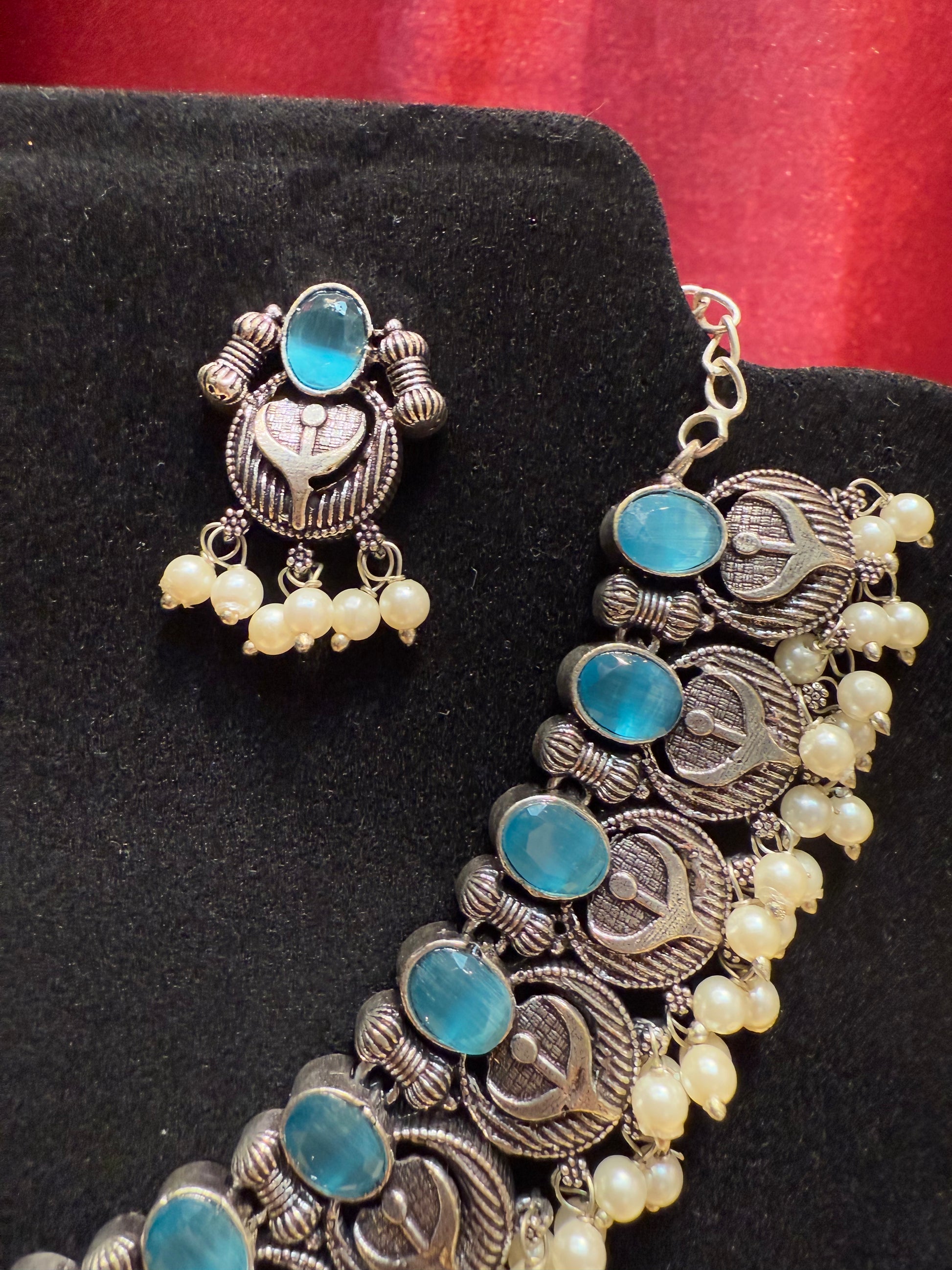 Appealing Light Blue Stoned Oxidized  Necklace With Earring Near Me
