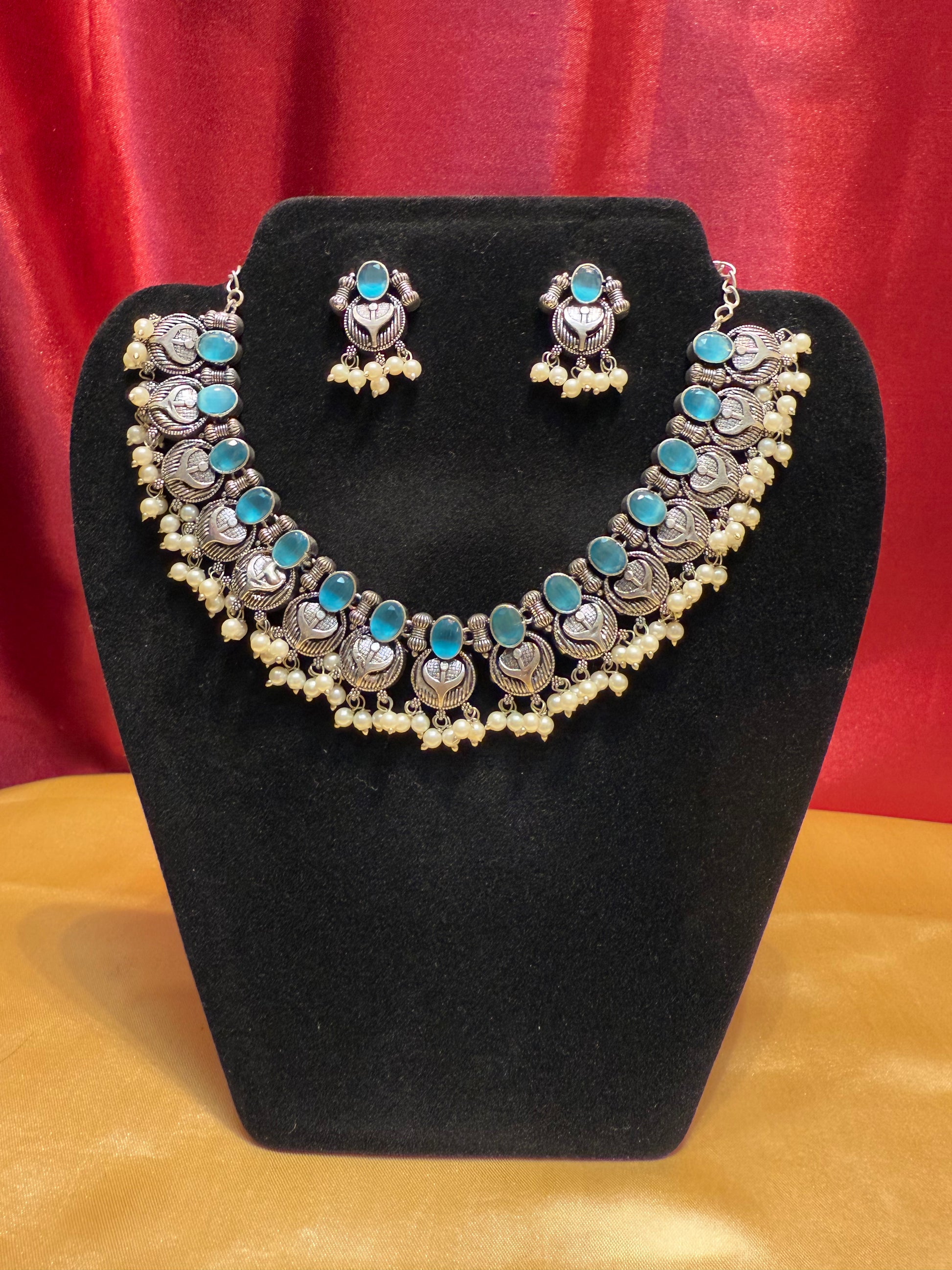 Light Blue Stoned Oxidized Necklace With Earring In USA