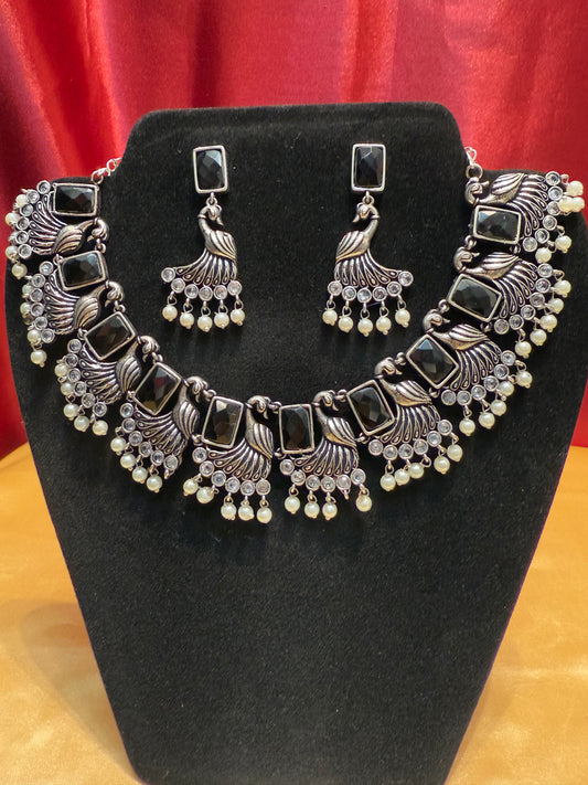 Fabulous Oxidized Black Color Peacock Designed Necklace With Earring Set