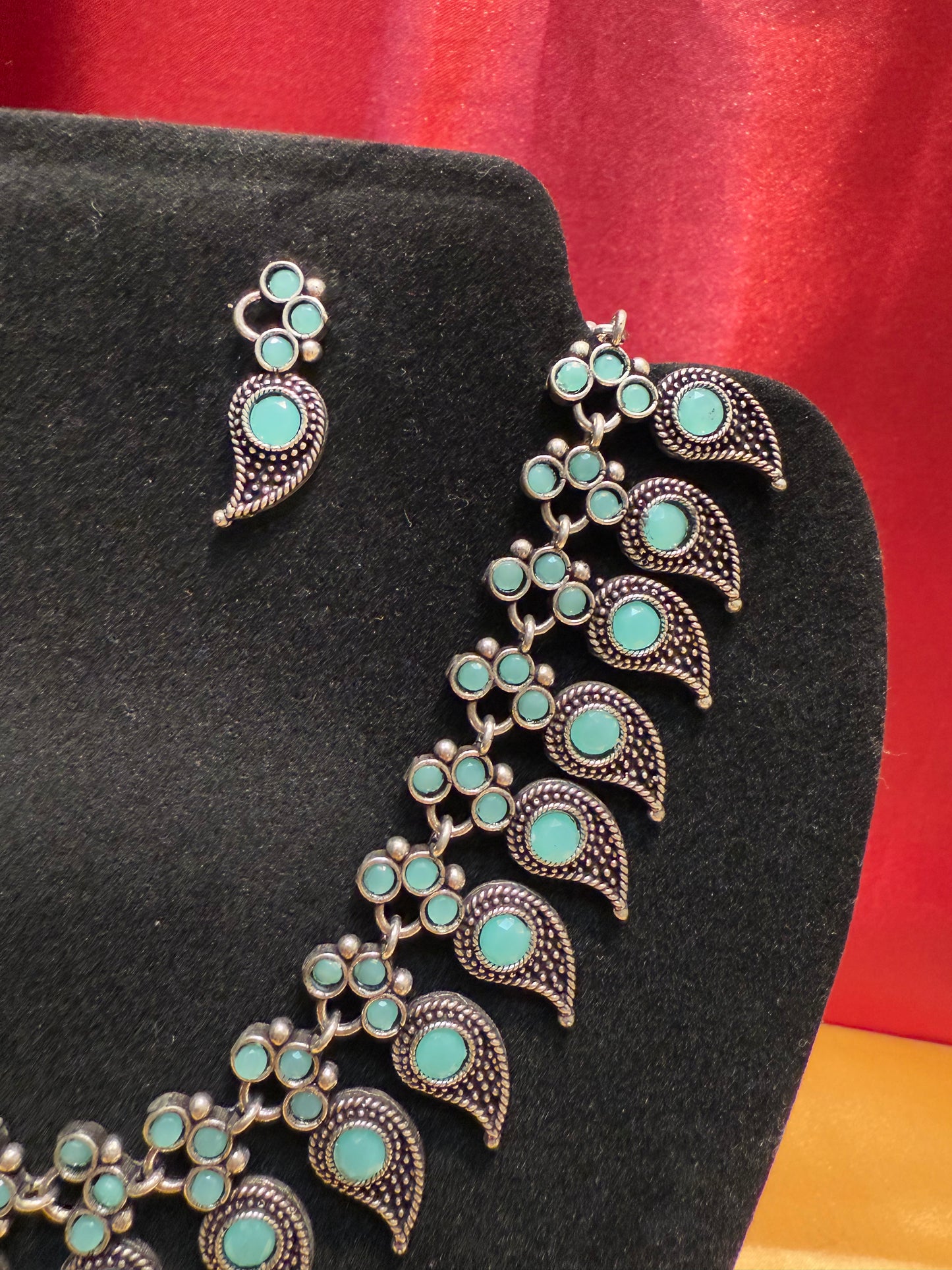 Oxidized Sky Blue Color With Paisley Designed Necklace With Earring Set Near Me