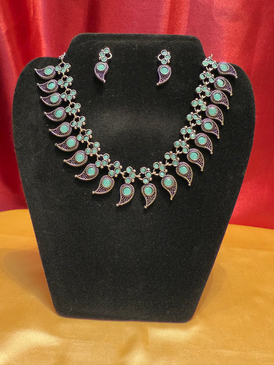 Gorgeous Oxidized Sky Blue Color With Paisley Designed Necklace With Earring Set