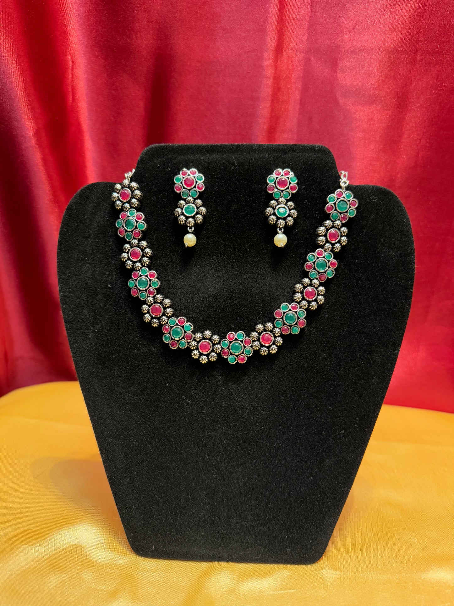 Oxidized Multicolor With Flowers Designed Necklace With Earring Set Near Me