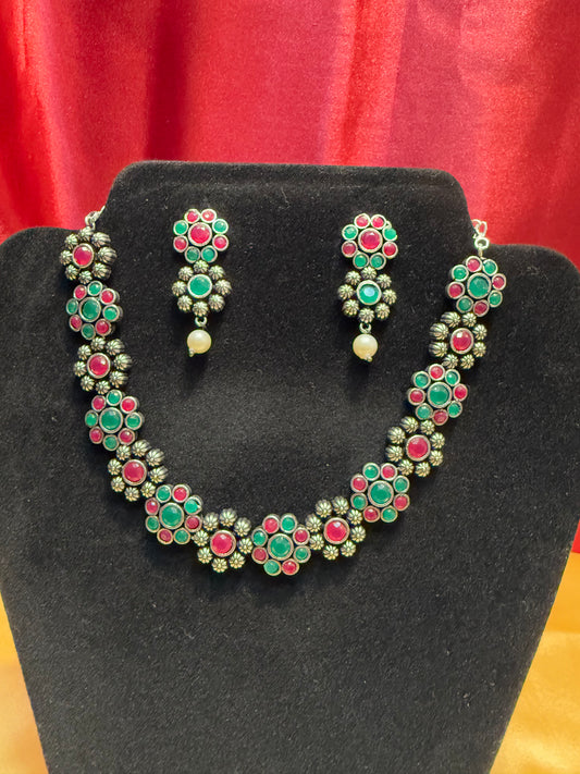 Gorgeous Oxidized Multicolor With Flowers Designed Necklace With Earring Set