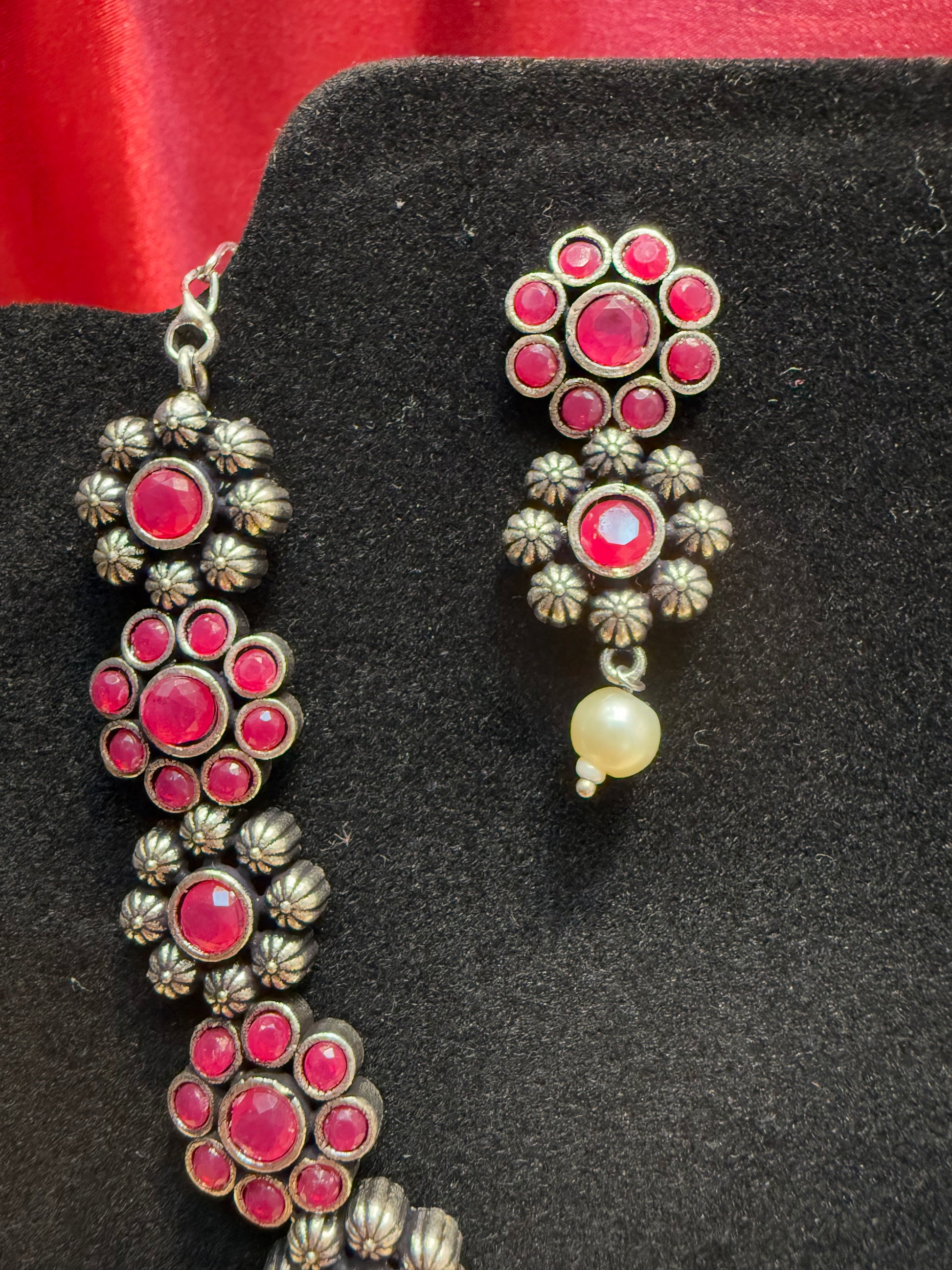 Oxidized Hot Pink With Flowers Designed Necklace With Earring Set Near Me